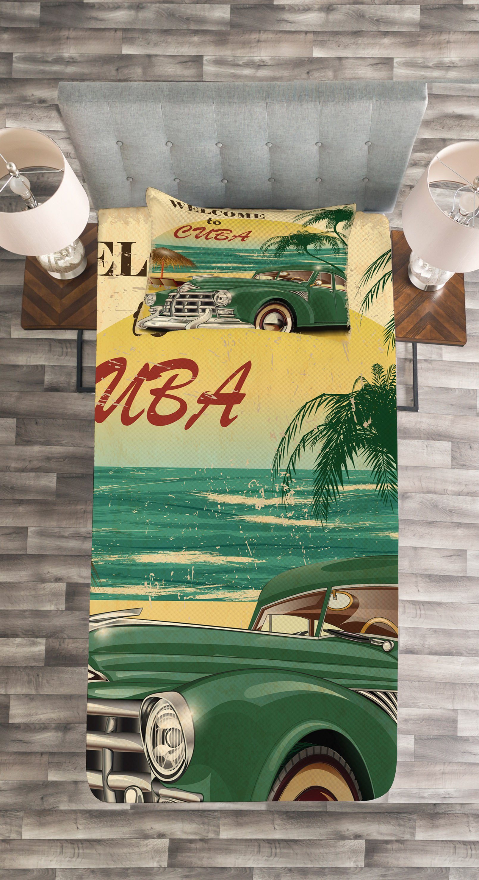 Kissenbezügen Abakuhaus, Beach Ocean Tagesdecke Palm Set Kuba Waschbar, Tropisch mit