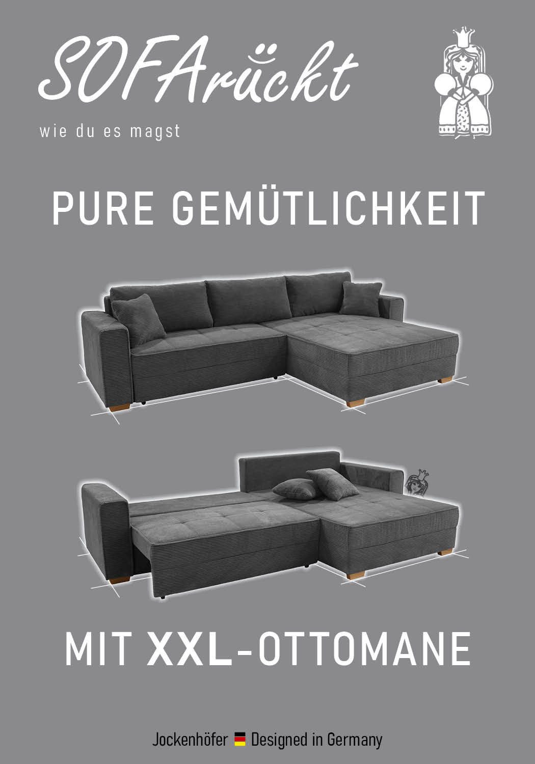 Jockenhöfer Gruppe Ecksofa Bologna, L-Form, Breite: 298 cm, Cord-Bezug, beidseitig montierbar, mit Bettfunktion, Bettkasten&Zierkissen, Wellenfederung, XXL-Ottomane