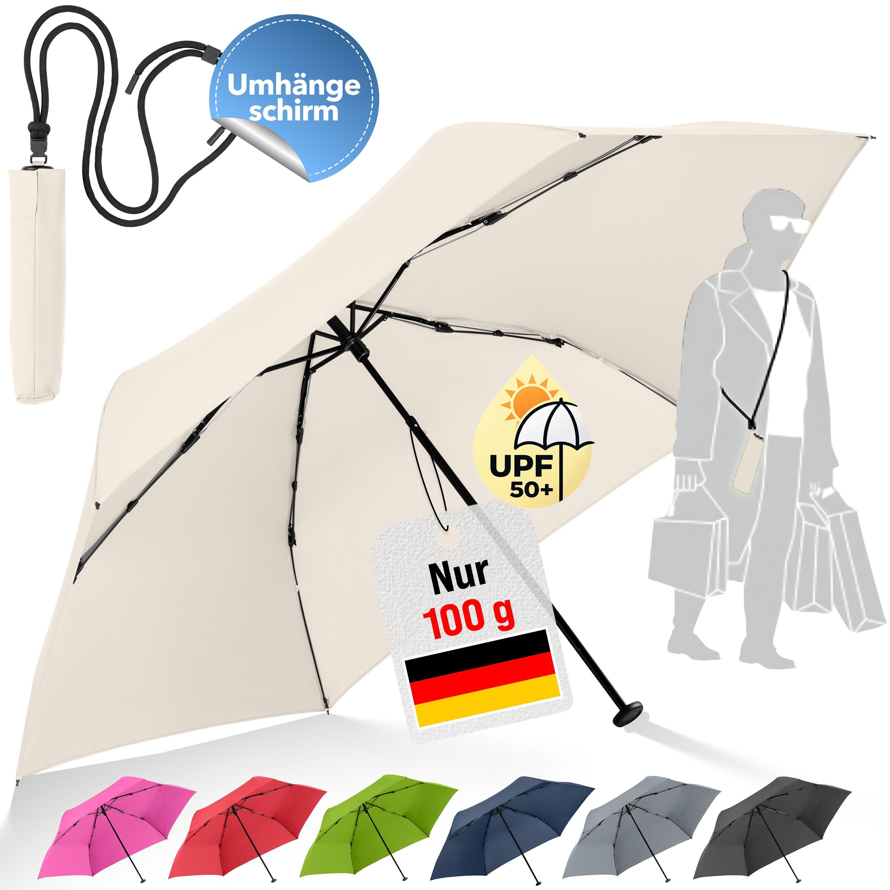 FARE Taschenregenschirm FiligRain ToGo, inkl. Umhängetasche, 100g leicht, UPF 50+, Windproof-PLUS, Sicherheitsschieber, Recyclingbezug, 88 cm