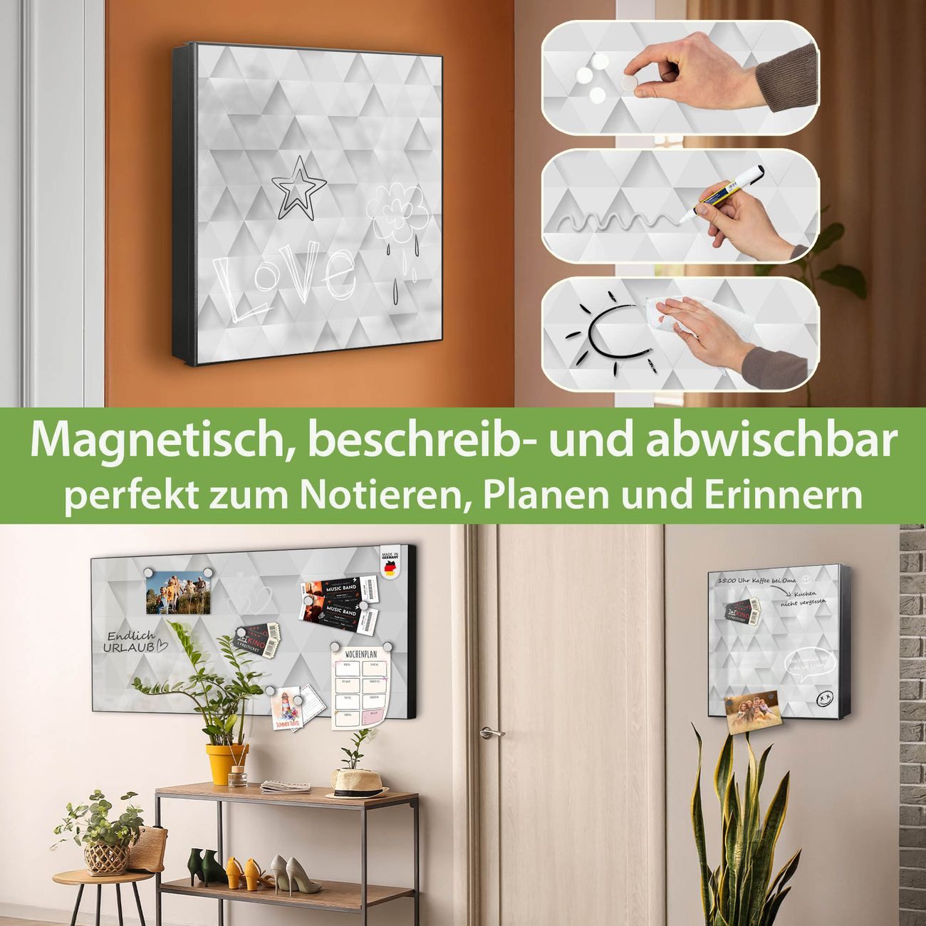 banjado Schlüsselkasten aus Metall mit Motiv Weisse Dreiecke (Stahl Gehäuse, mit 32 Haken, beschreibbar & magnetisch), 30 x 30 x 5 cm