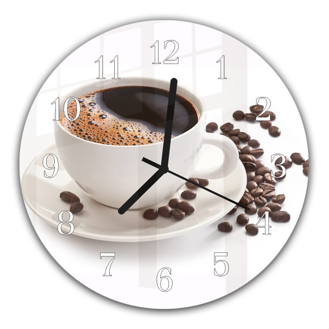 Primedeco Wanduhr Wanduhr aus Glas mit Motiv Kaffee in Tasse - Rund mit Durchmesser 30 cm und Quarzuhrwerk