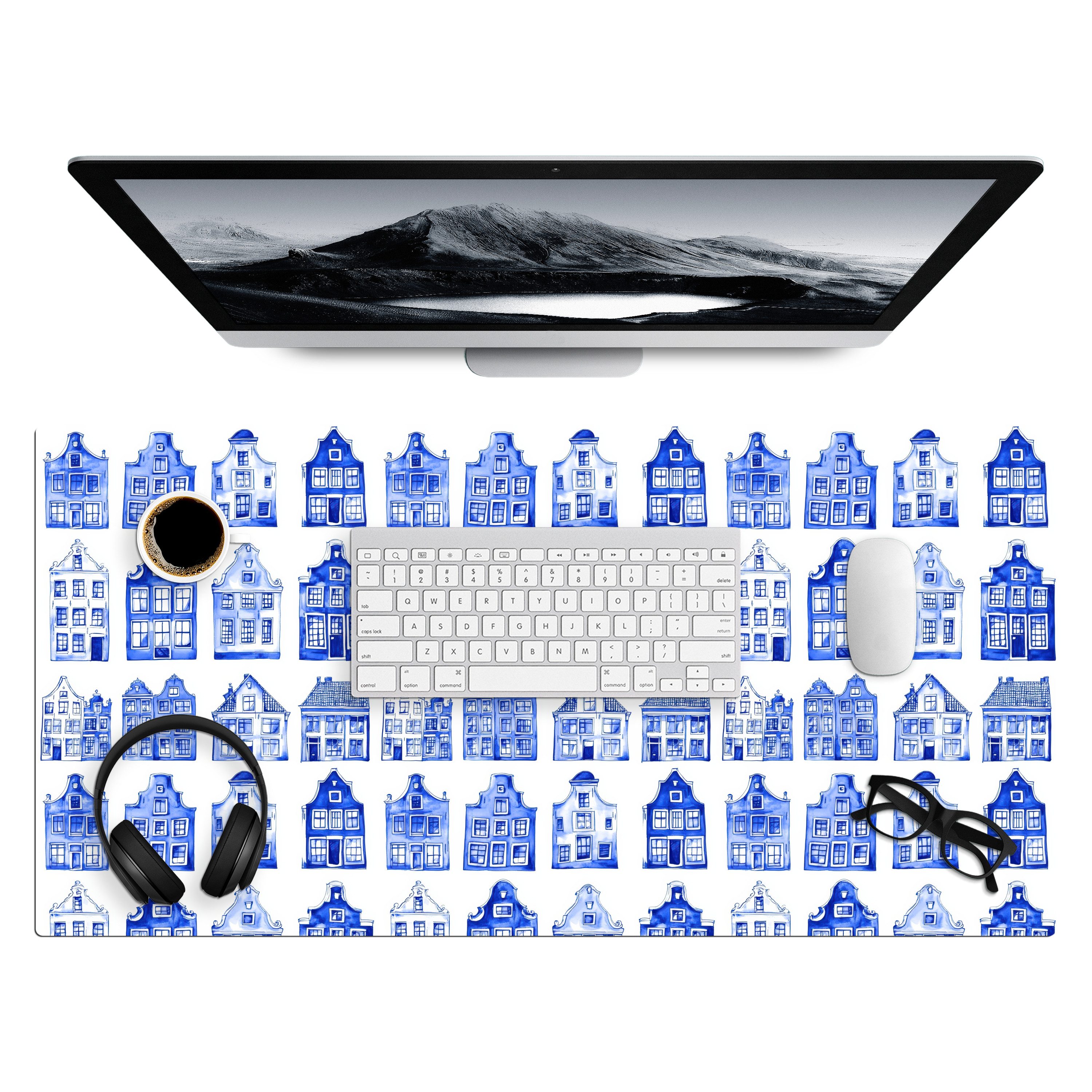MuchoWow Gaming Mauspad Muster - Häuser - Blau (1-St), Gaming Mauspad XXL, Schreibtischunterlage, Desk Mat Groß, 80x40 cm