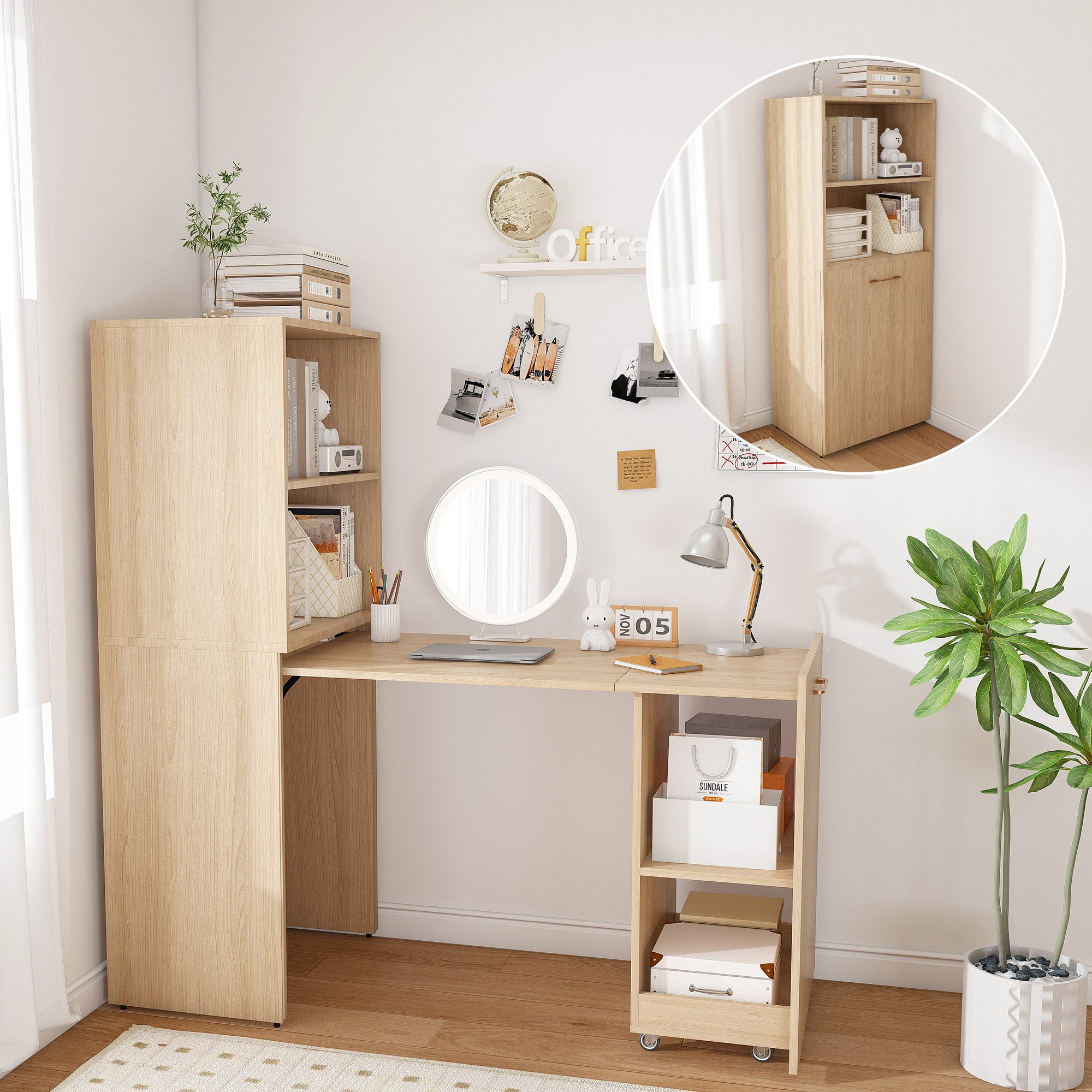 i@home Regal-Schreibtisch Ausziehbarer Schreibtisch mit Stauraum, platzsparender Sekretär (Klappschreibtisch mit 5-fach verstellbaren Ablagen & Lenkrollen, 2-St), Schreibschränke für Kinderzimmer, Schlafzimmer & Arbeitszimmer