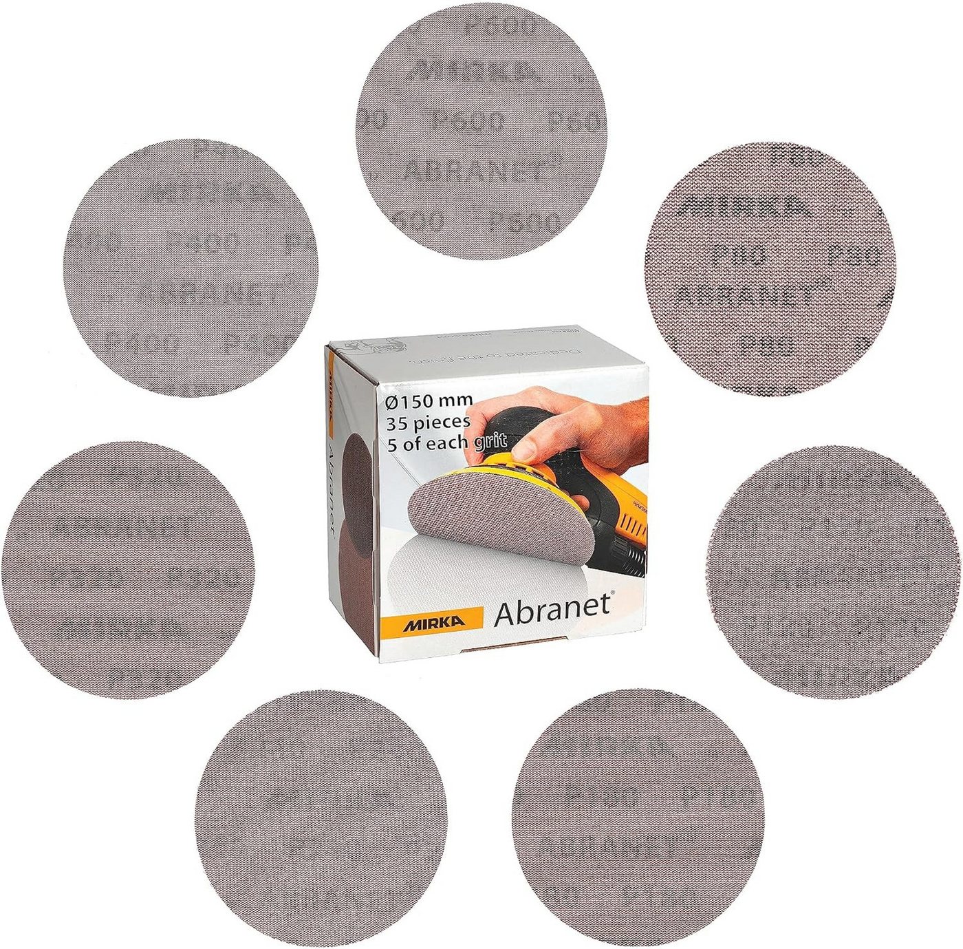 Mirka Schleifpapier Abranet Schleifscheiben (Mix Pack), (35 St), Ø150mm, Schleifen von Holz, Spachtel, Lack, Kunststoff