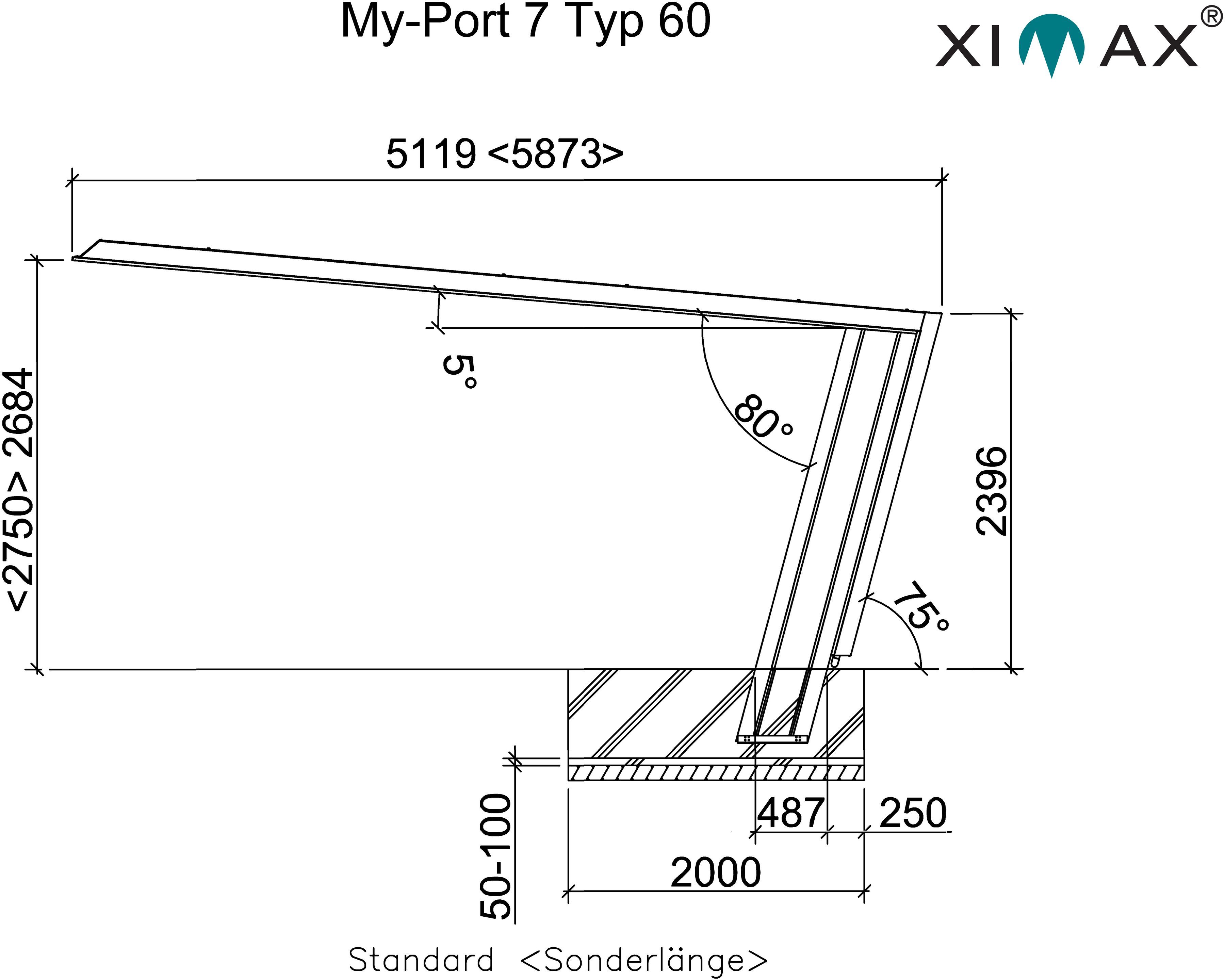BxT: My-Port Typ Einzelcarport 2751 269x512 cm, Standard, Ximax Typ 60 Einfahrtshöhe, Edelstahl-Look/schwarz 220 cm 7 Aluminium,
