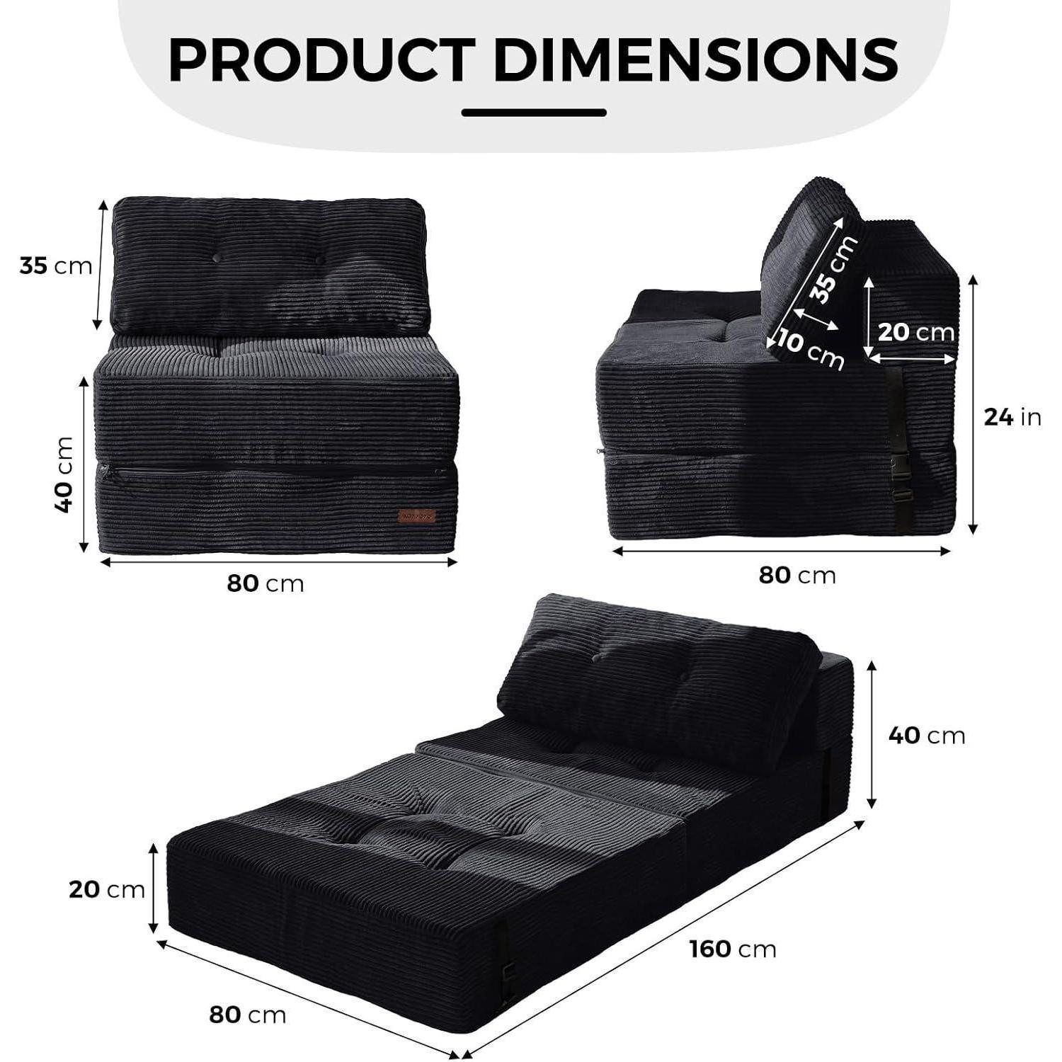 LuxusKollektion Schlafsofa Klappsofa Schlaffunktion 4in1 Stützschaum Bodenliege Schwarz