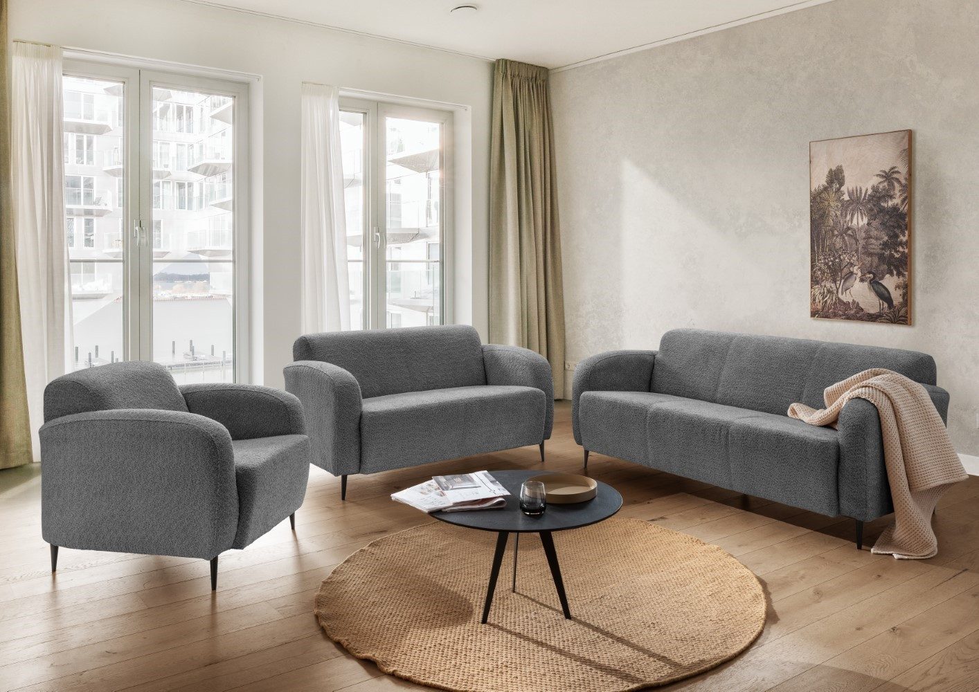 Myhomelando Sofa Sofa Set Barone 3er+2er+Sessel mit Metallfüßen, Wellenunterfederung, Made in Europe