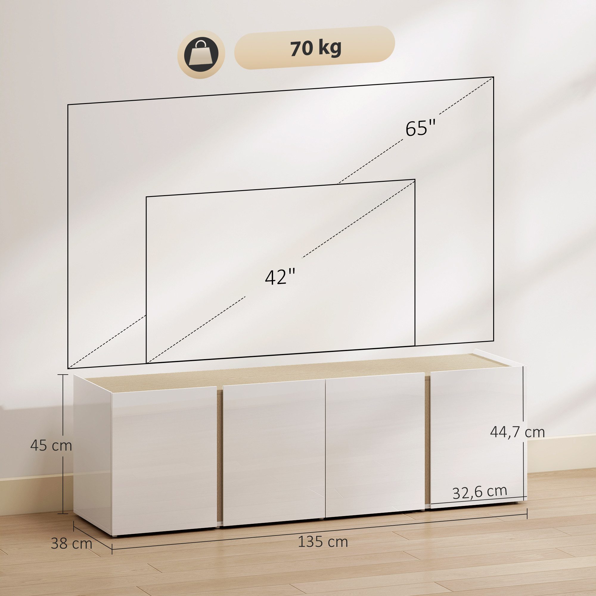 HOMCOM TV-Board mit 4 Soft-Close-Türen, Verstellbaren Ablagen, Kabelmanagement (Fernsehtisch, 1 St., TV Lowboard für Fernseher bis zu 65 Zoll), für Wohnzimmer Weiß 135x38x45cm