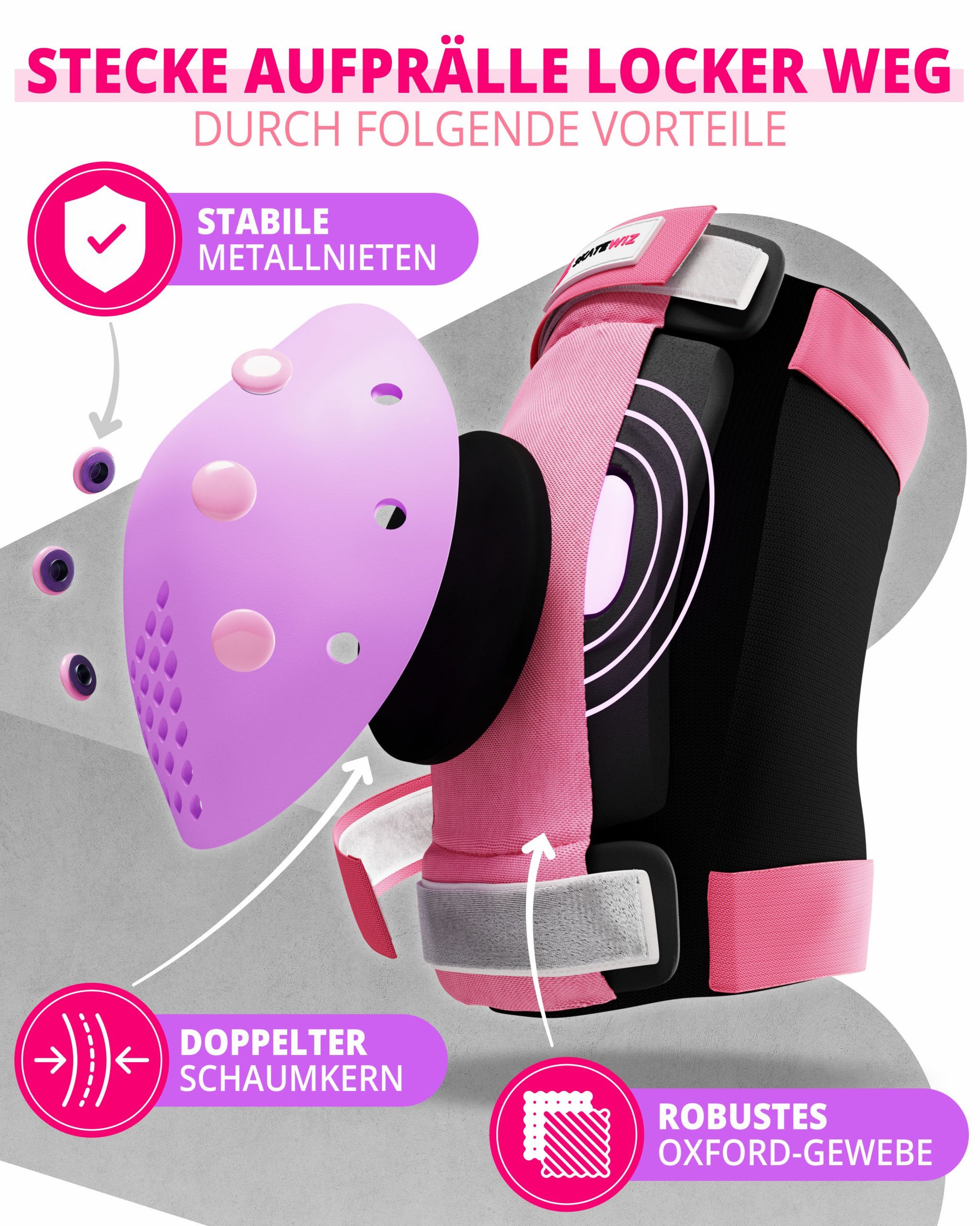 SKATEWIZ Protektoren-Set SMASH Knieschoner Kinder Inliner Schoner Erwachsene Protektoren Set (Schonerset Inliner skates Mädchen Schützer, 6-tlg., Inliner Schone – Bild 4 von 5