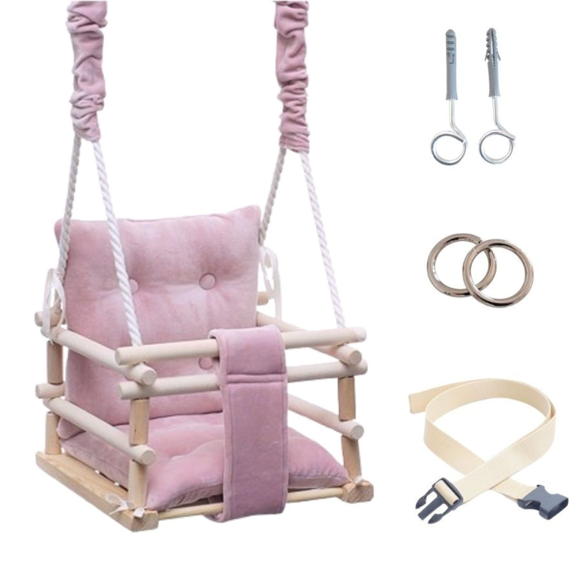 LuMali Babyschaukel Babyschaukel Magic 3in1 Holz Sicherheitsgurt drinnen draußen 34cm, Kinderschaukel Naturholz Kiefer weich verstellbar 10-36 Monate