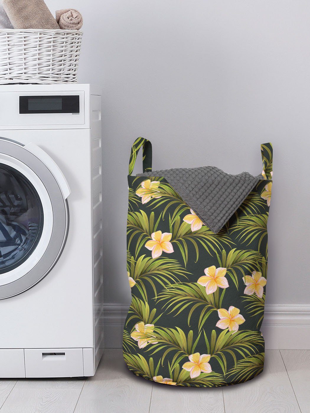 Wäschesäckchen Wäschekorb Waschsalons, Palmblätter Kordelzugverschluss Blumen Flowers für Summer Abakuhaus mit Griffen