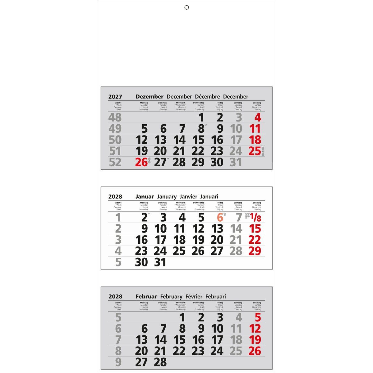 GÜSS Kalender Wandkalender 3-Monatskalender 33x70cm Kalendarium 2027