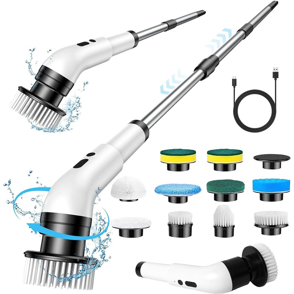 TUWENA Reinigungsbürsten-Set 9 in 1 Elektrische Reinigungsbürste, Spin Scrubber mit Lang Griff, 3 Modi, Duschreiniger Bürste für Bad, Küche, Fliesen und Auto