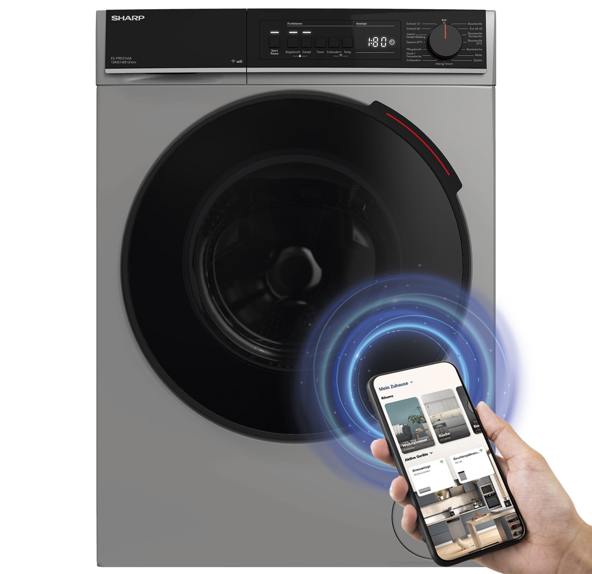 Sharp Waschmaschine ES-PRO214SA-DE, 12 kg, 1400 U/min, AllergySmart, Dampf, WIFI Steuerung per App, 12 kg