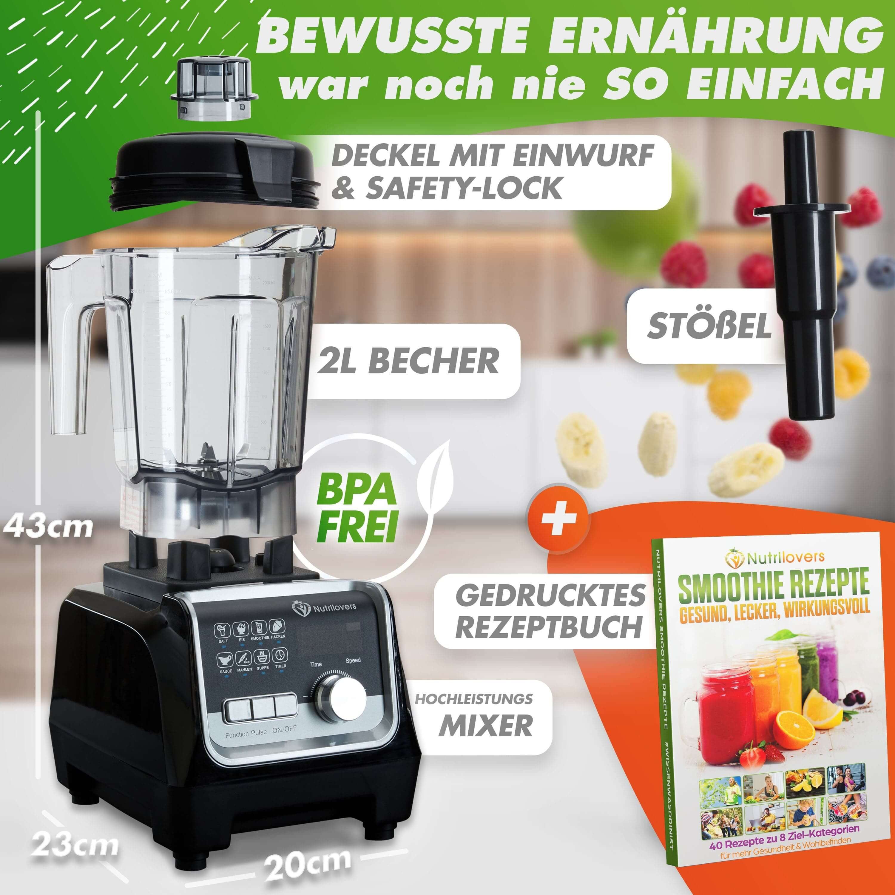 Nutrilovers Standmixer Profi Standmixer - Hochleistungsmixer 2000W - Smoothie Maker - 2L, 2000 W