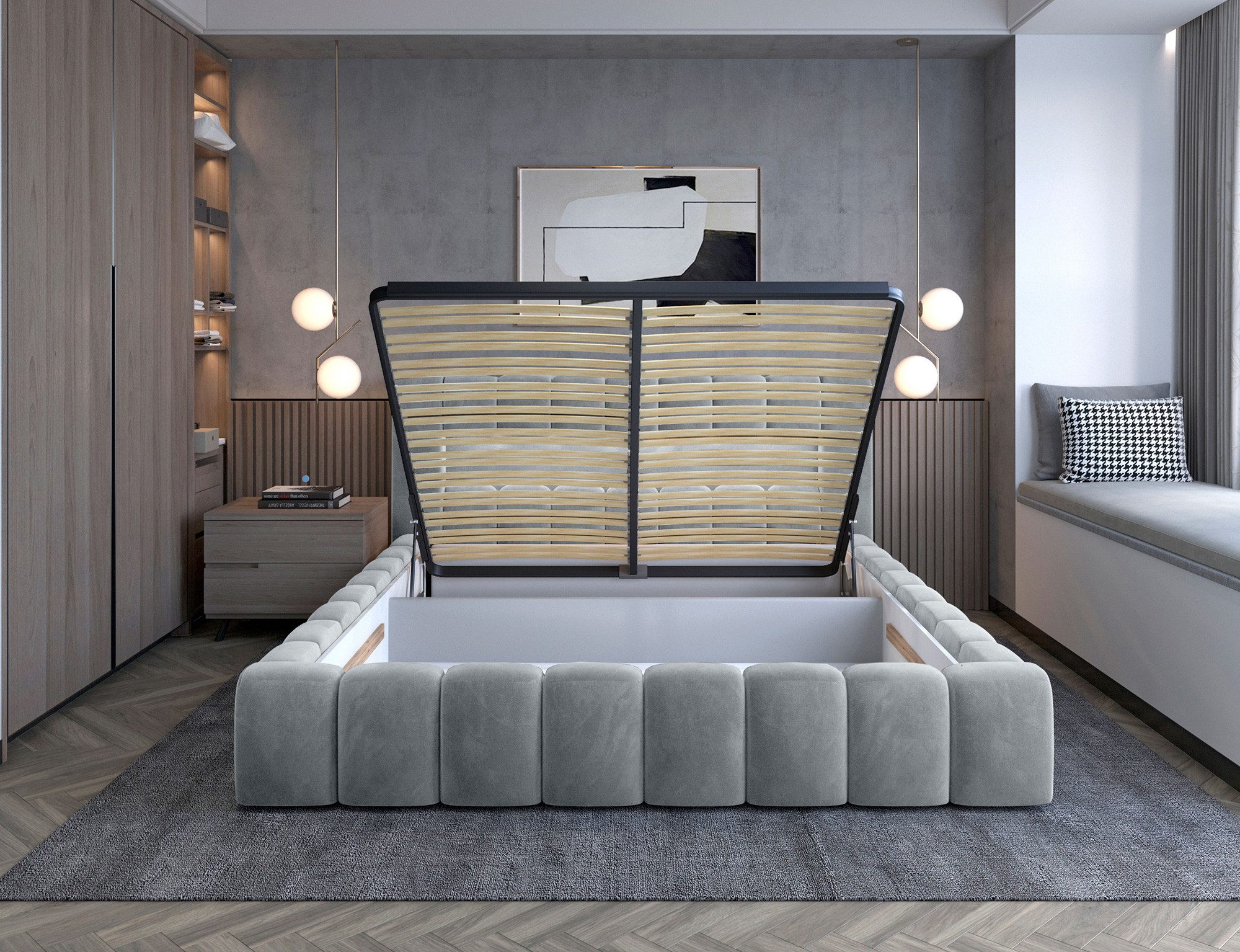 Lukas Möbel Polsterbett Doppelbett Mika Polsterbett mit Bettkasten Lattenrost u. LED (Bett mit Lattenrost), mit Lattenrost Bettkasten und LED