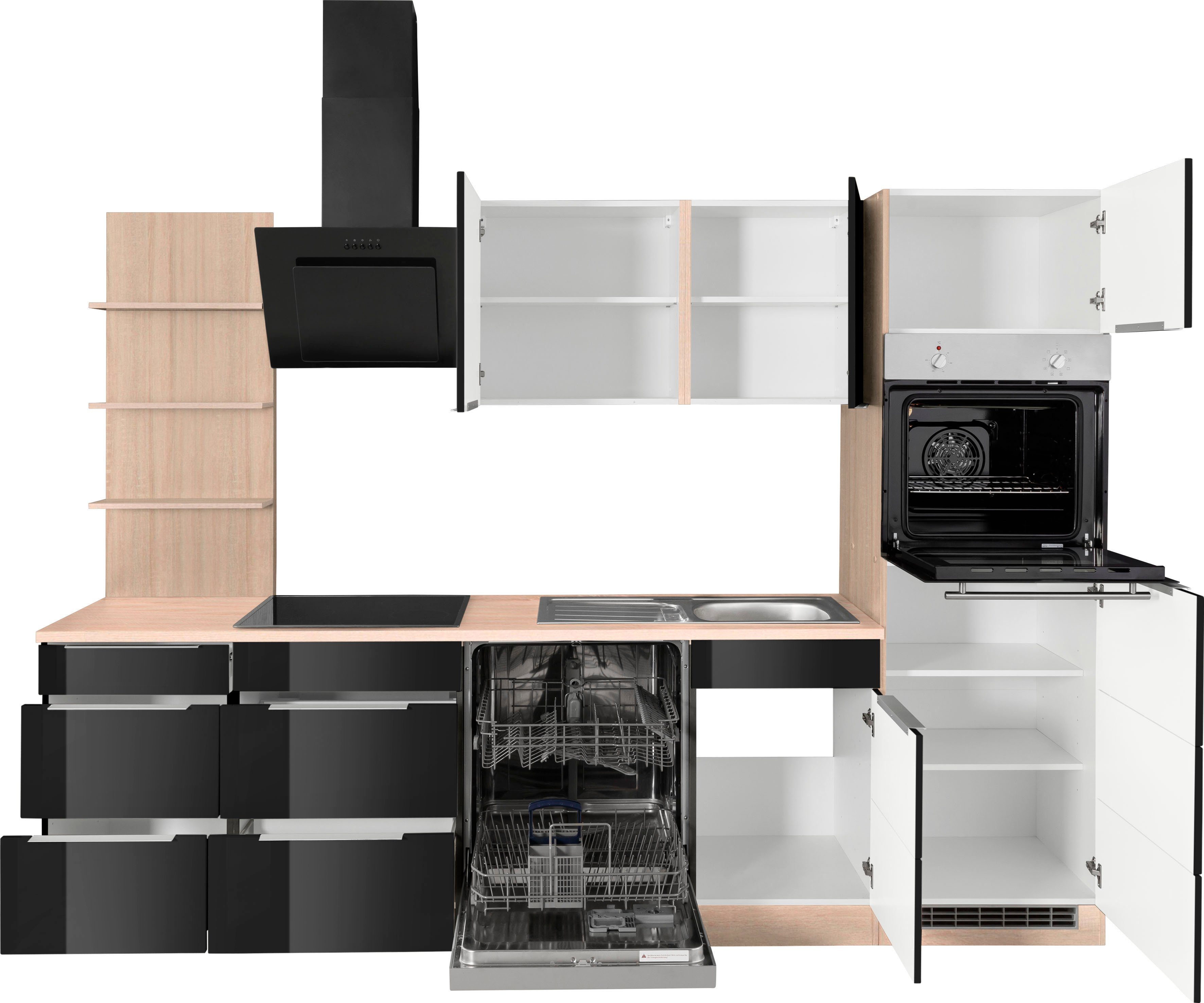Küchenzeile Hochglanz/eichefarben mit cm eichefarben HELD Brindisi, | 280 Breite MÖBEL E-Geräten, schwarz