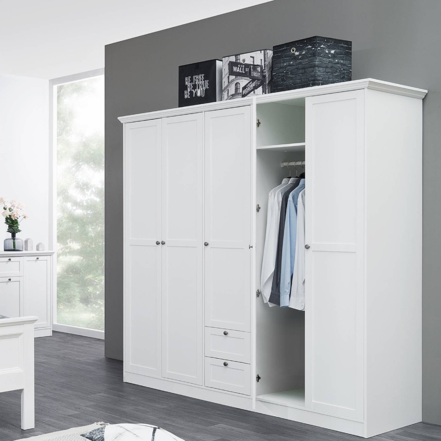 Homestyle4u Kleiderschrank Drehtürenschrank Schrank 187x200 cm Weiß 5 Türen mit Schubladen und Einlegeböden