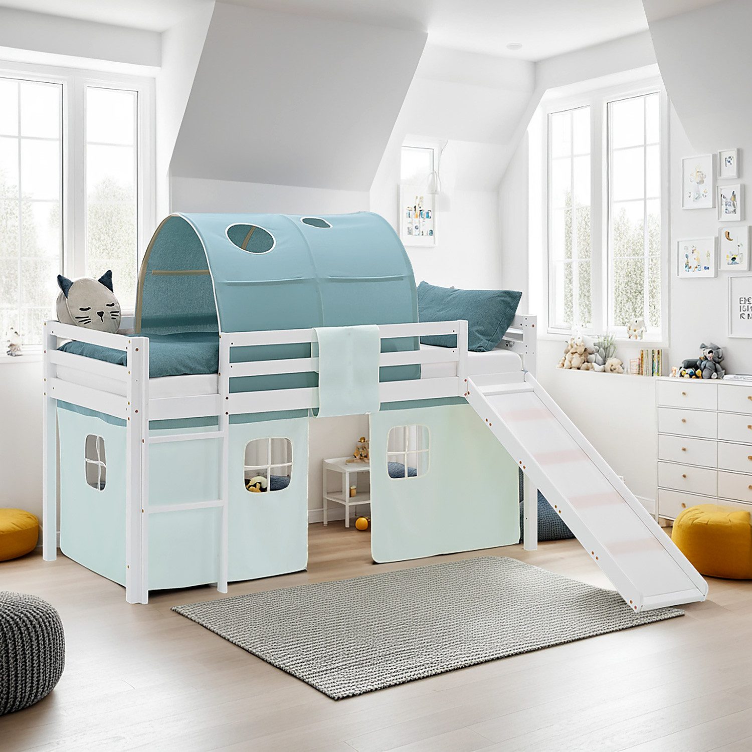 Homestyle4u Hochbett Kinderbett 90x200 Spielbett Kiefer Jungen Weiß Grün Mint Vorhang (Set, mit Lattenrost, Rutsche und Tunnel) mit Rausfallschutz, Junge Spielbett