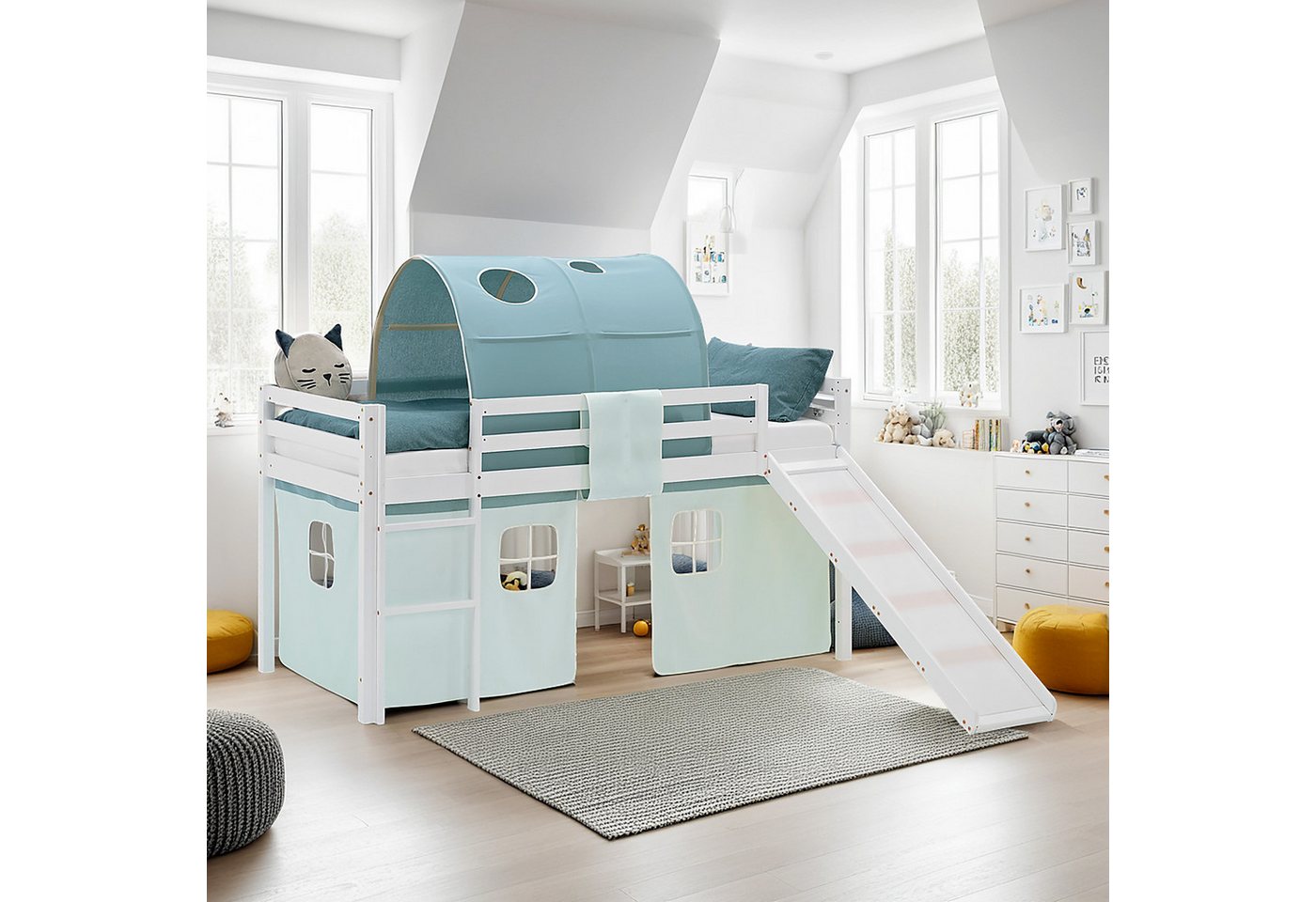 Homestyle4u Hochbett Kinder mit / ohne Rutsche 90x200 Holz Jungen Grün Mint Vorhang (Set, mit Lattenrost, Rutsche und Tunnel) mit Rausfallschutz, Junge Spielbett