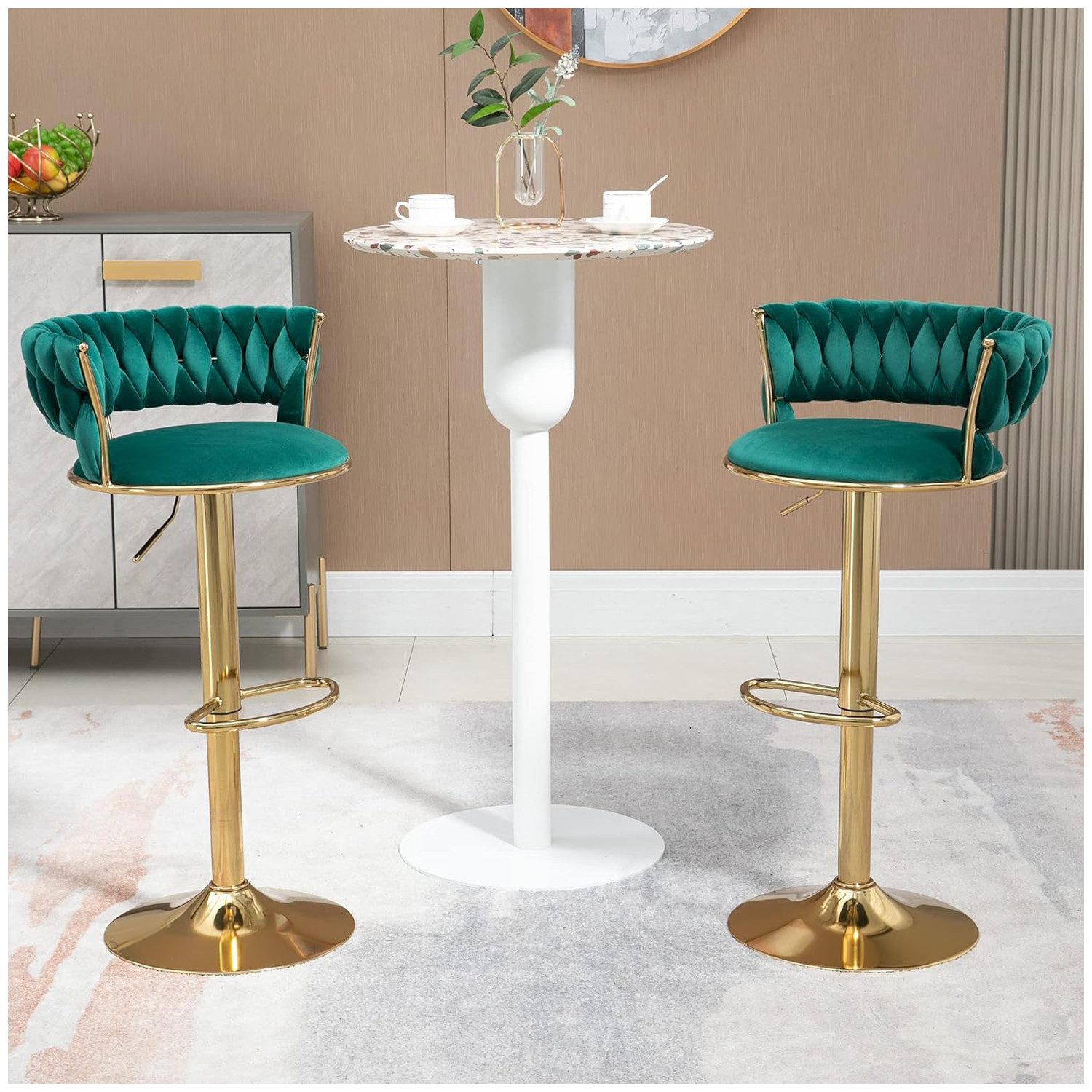 PFCTART Barhocker Samt Barhocker 2er Set, 360° drehbar & höhenverstellbar (Set, 2 St., Goldene Basis, für Küche, Esszimmer & Kücheninsel), Handgefertigte Rückenlehne, weich gepolstert, luxuriöser Samt