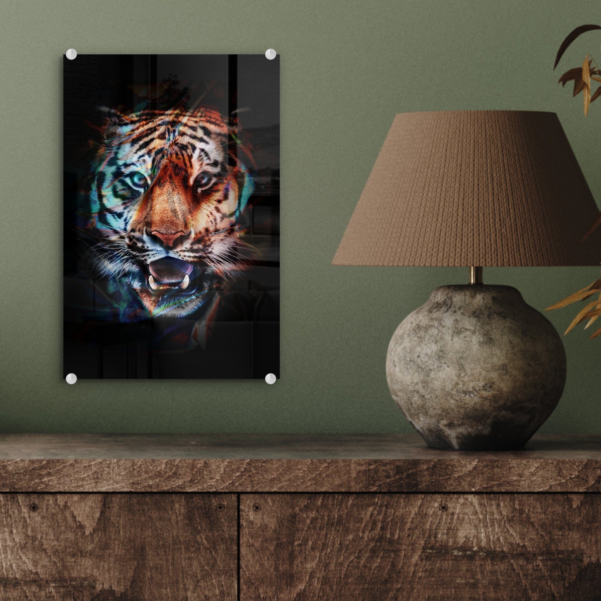 - Acrylglasbild Foto Glasbilder - Schwarz, Glas Tiger auf Wanddekoration St), auf Wandbild bunt Bilder MuchoWow Farben - Glas (1 - -