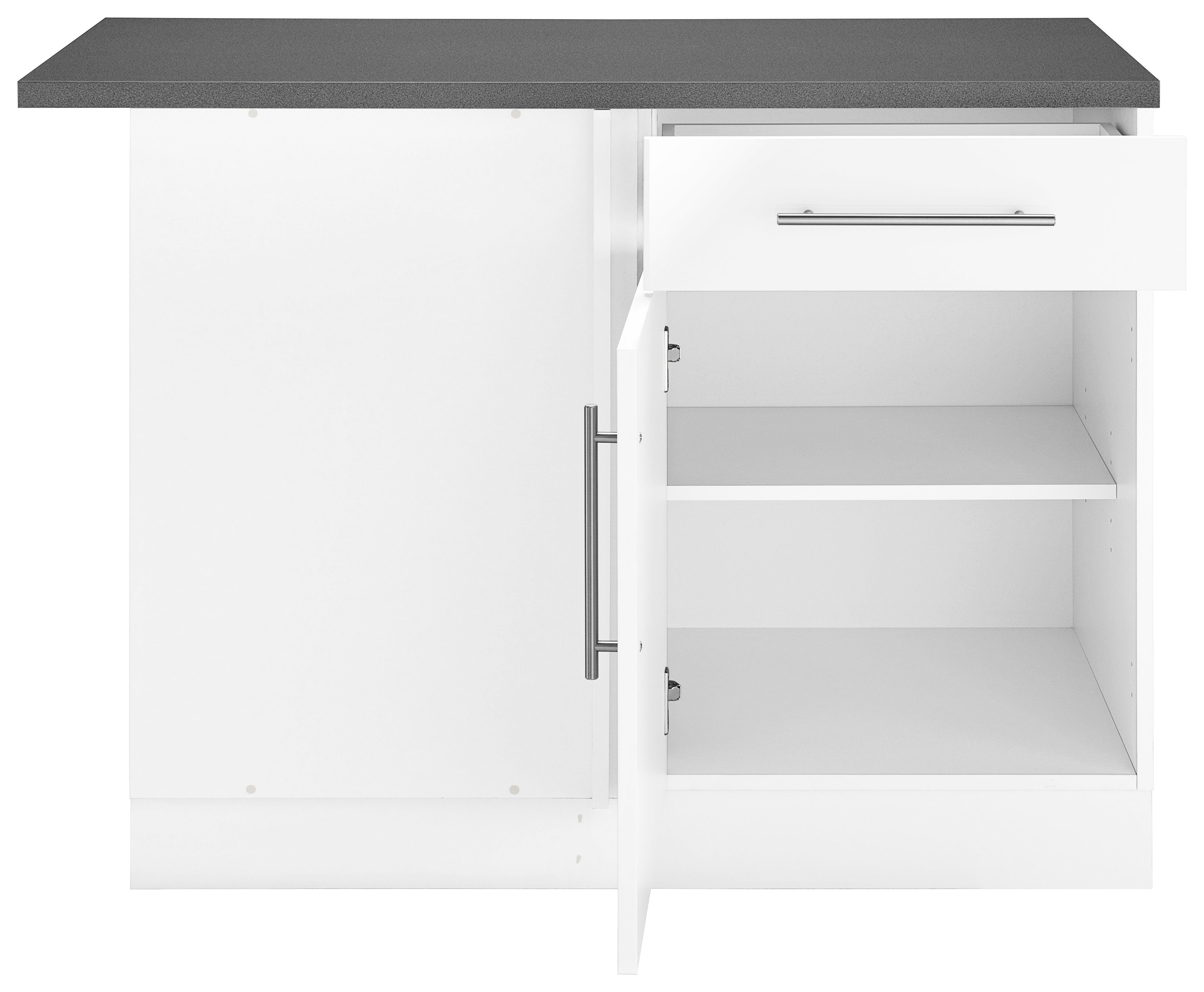 Küchen Grau Cali Korpus: Front: Glanz, Weiß Arbeitsplatte: cm | 110 Weiß, Eckunterschrank Granit wiho Weiß breit