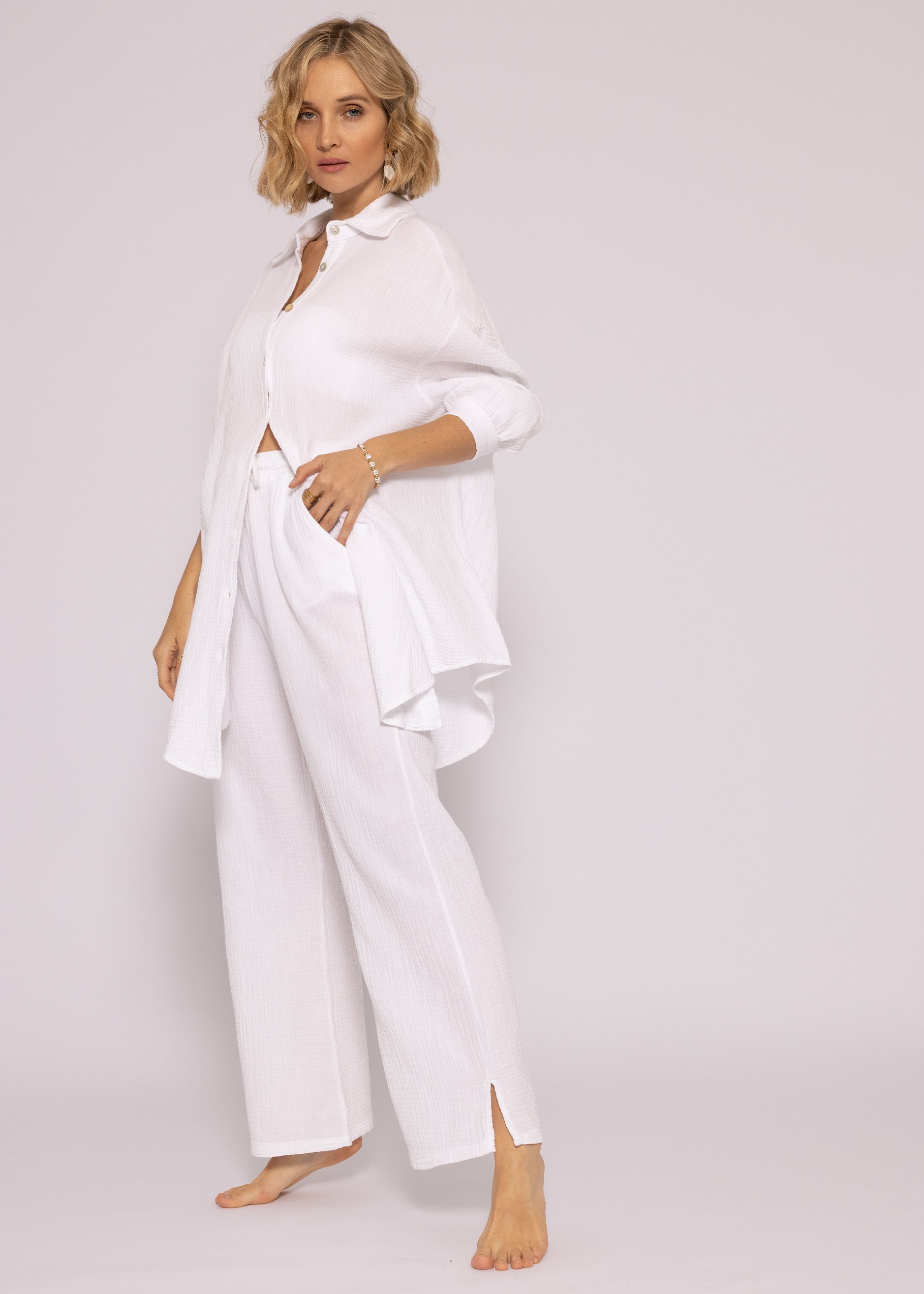 Hemdbluse Weiß mit Damen V-Ausschnitt Oversize Langarm aus Baumwolle Bluse lang SASSYCLASSY Longbluse Musselin