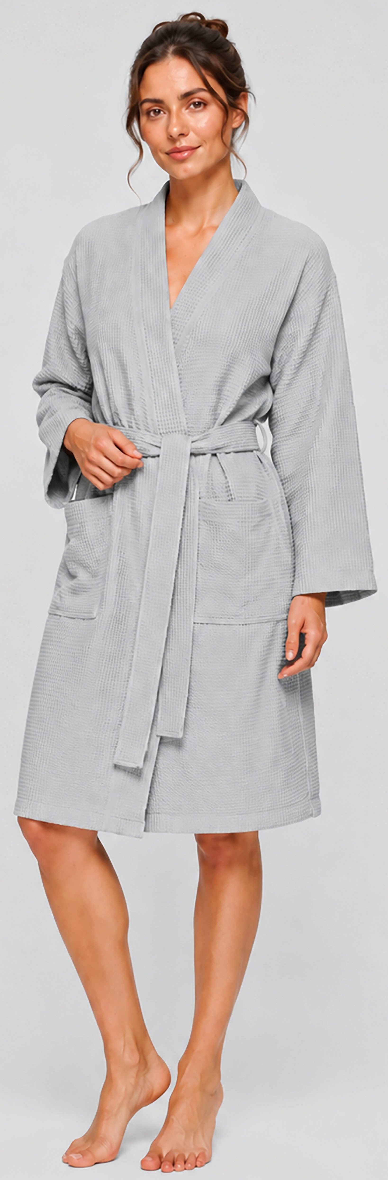 OTTO home Unisex-Bademantel Nora, ideal für Sauna & Spa, Hotelbademantel, Morgenmantel, Kurzform, Waffelpiqué, Kimono-Kragen, Gürtel, Damen & Herren, Kimono-Kragen, Waffelpiqué, Baumwolle, Reisebademantel