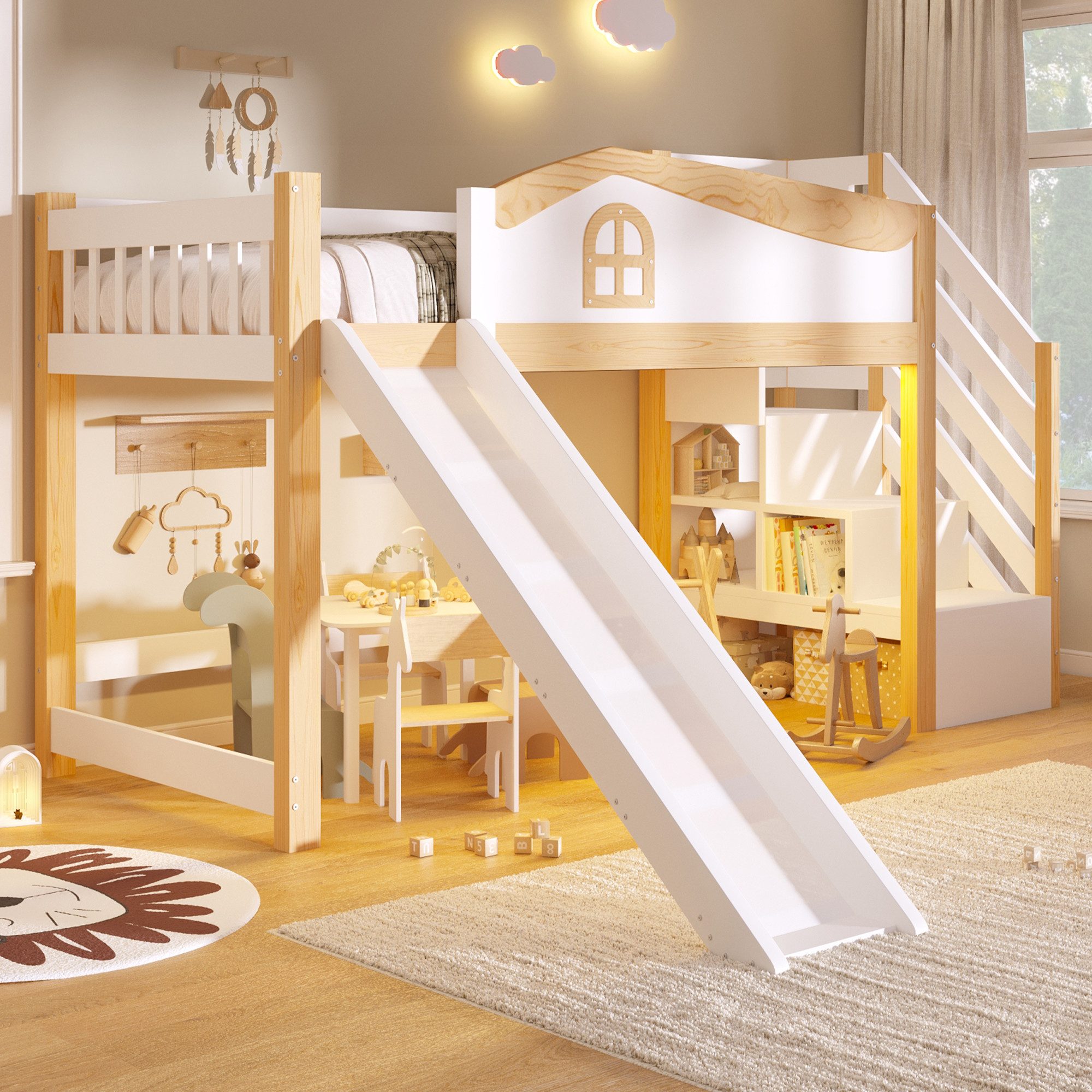 TavilaEcon Hochbett mit Rutsche, Kinderbett 90×200 cm mit Geländer und Stauraumleiter (1-St) Einzelbett mit LED-Lichtleiste, stabil und langlebig, Weiß
