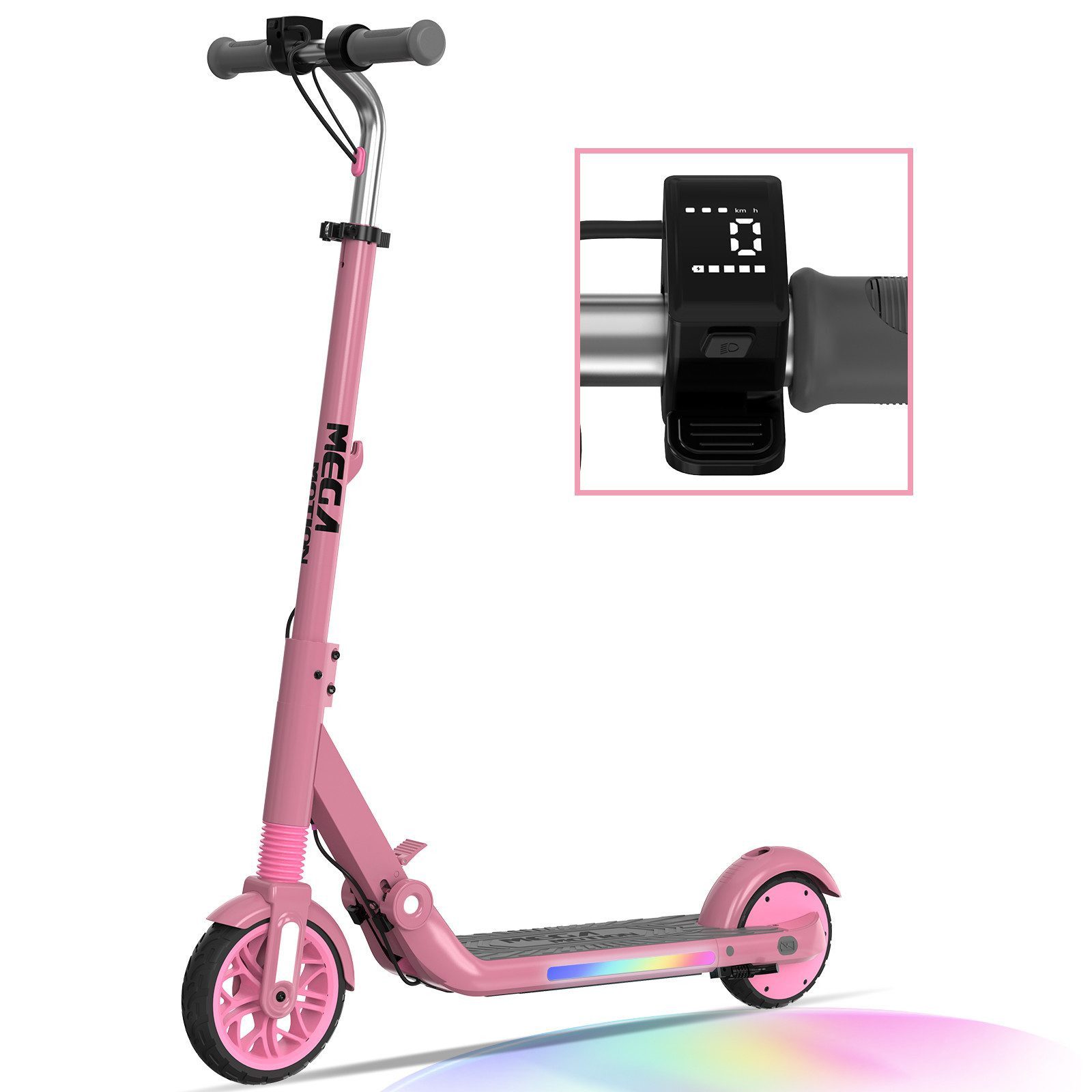 Mega Motion Elektro-Kinderroller ME1 E-Scooter für Kinder, 8/12/16 km/h, mit verstellbarem Lenker, faltbar, sieben Farben Lichtern, bis zu 8km, Display für 6-12 Jahren