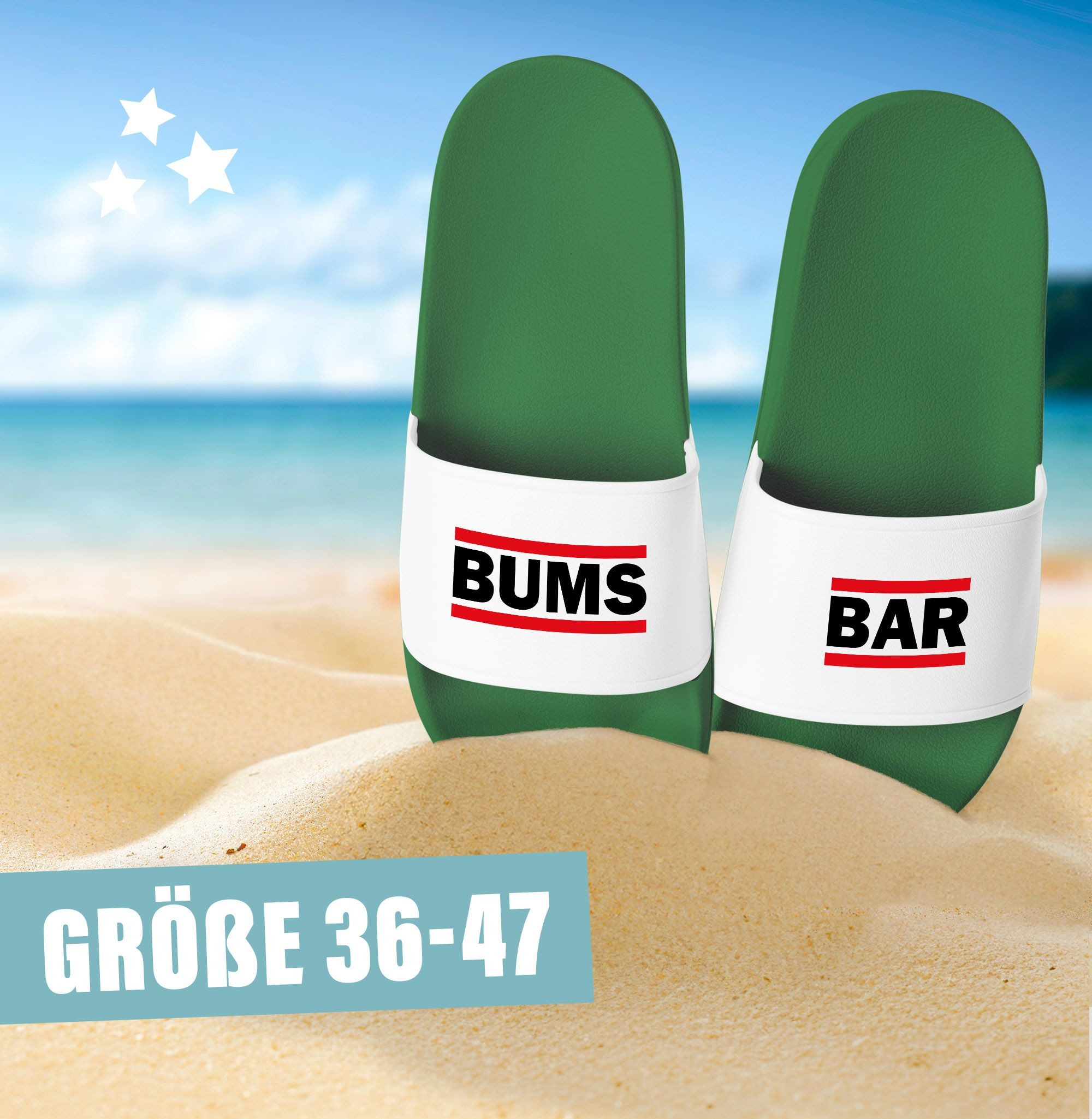 MoonWorks Badelatschen Herren mit Spruch BUMS BAR –Gadget Malle, Festival JGA – Badesandale