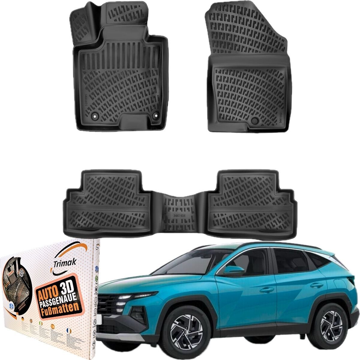 Trimak Passform-Fußmatten Oder Kofferraumwanne Oder Set für Hyundai Tucson, Hyundai Tucson Hybrid (ab 2021) Gummimatten Auto TPE Allwetter