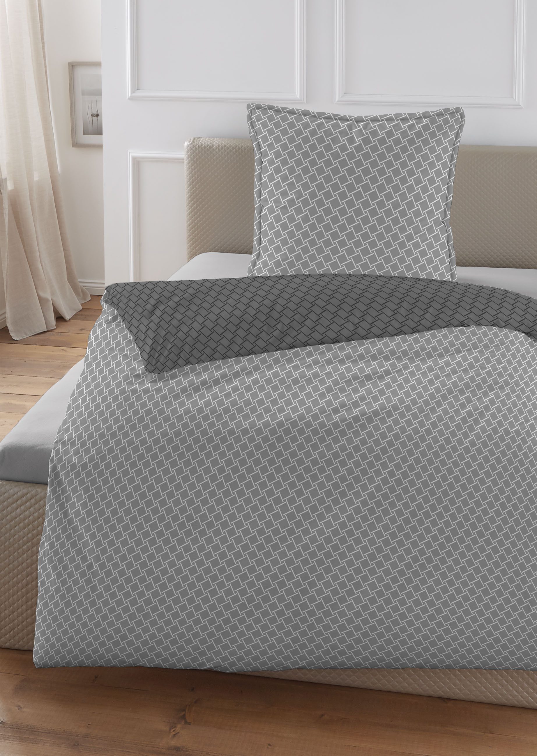 HECHTER PARIS Wendebettwäsche 0061311, Satin, 2 teilig, feiner Glanz + weicher Griff,100% Baumwolle, Stehsaum, gesticktes LOGO