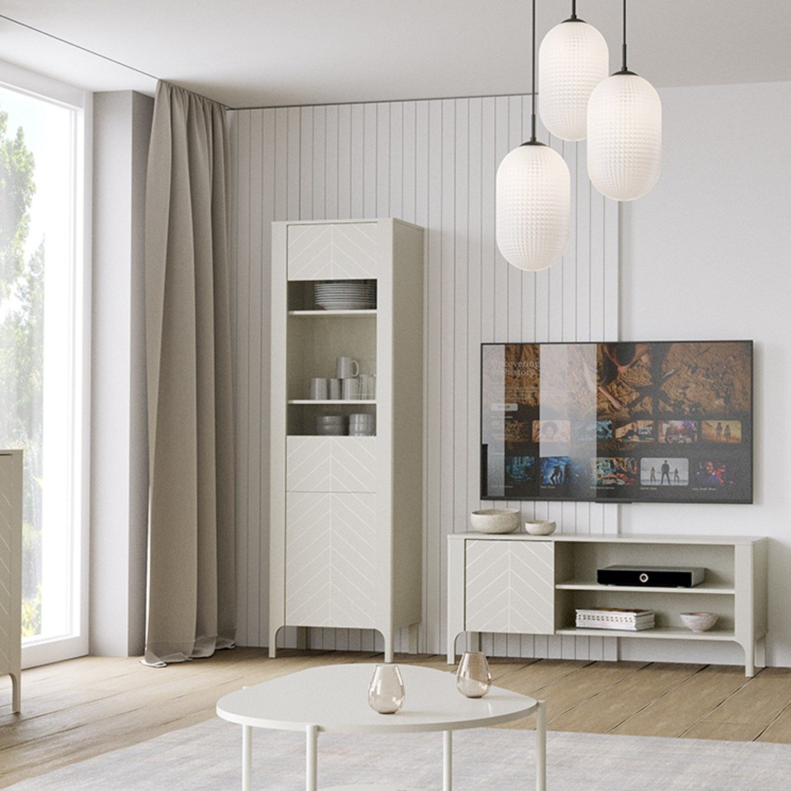 Masseno Glasvitrine ALICANTE 197 x 60 cm Vitrine Vitrinenschrank mit 1 Türen Kaschmir