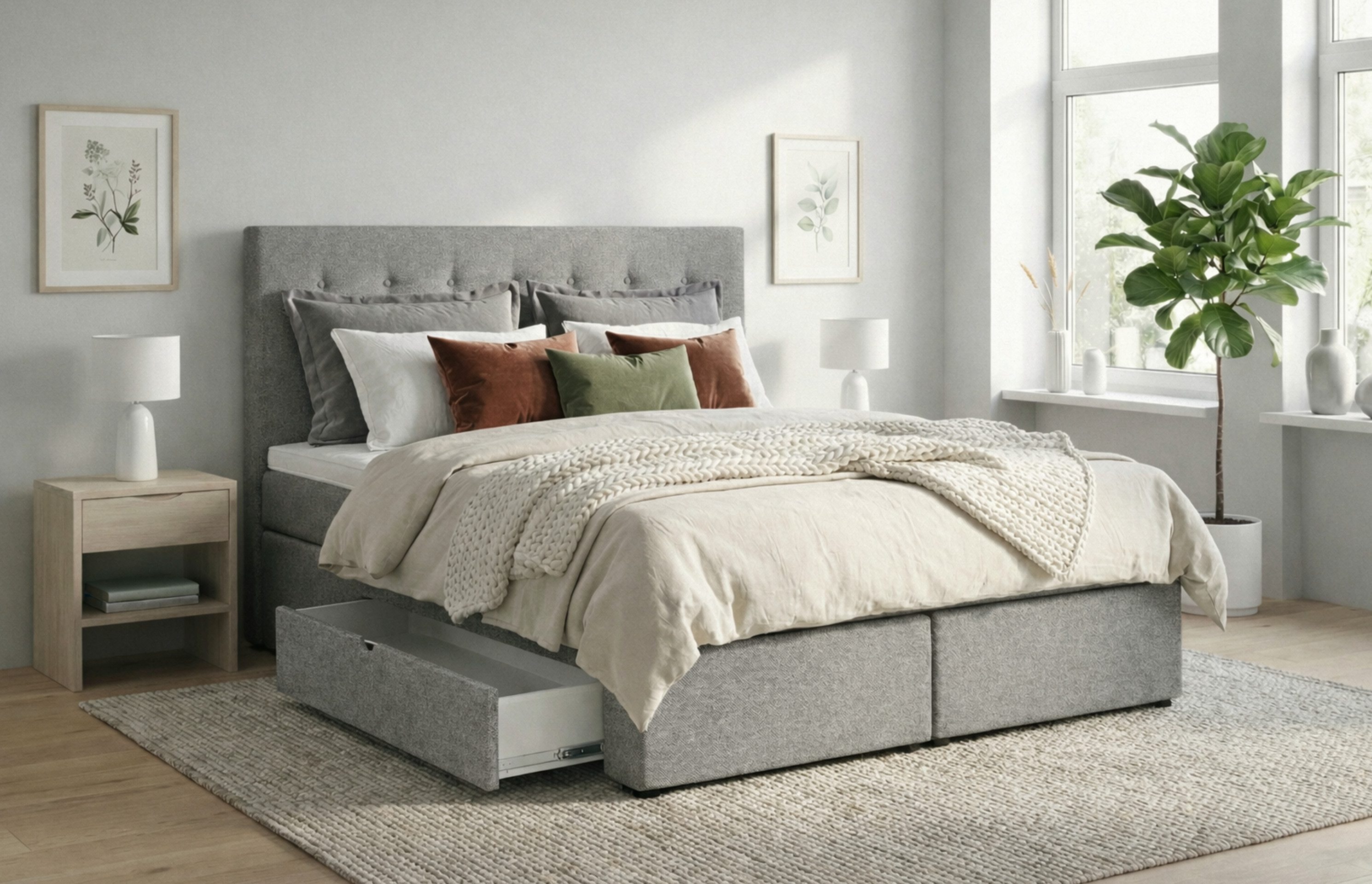 Tesla Dreams Boxspringbett Ankona mit 2 Schubladen – 7-Zonen Taschenfederkernmatratze H2/H3 (inkl. Topper, Luxus Schlafgefühl)