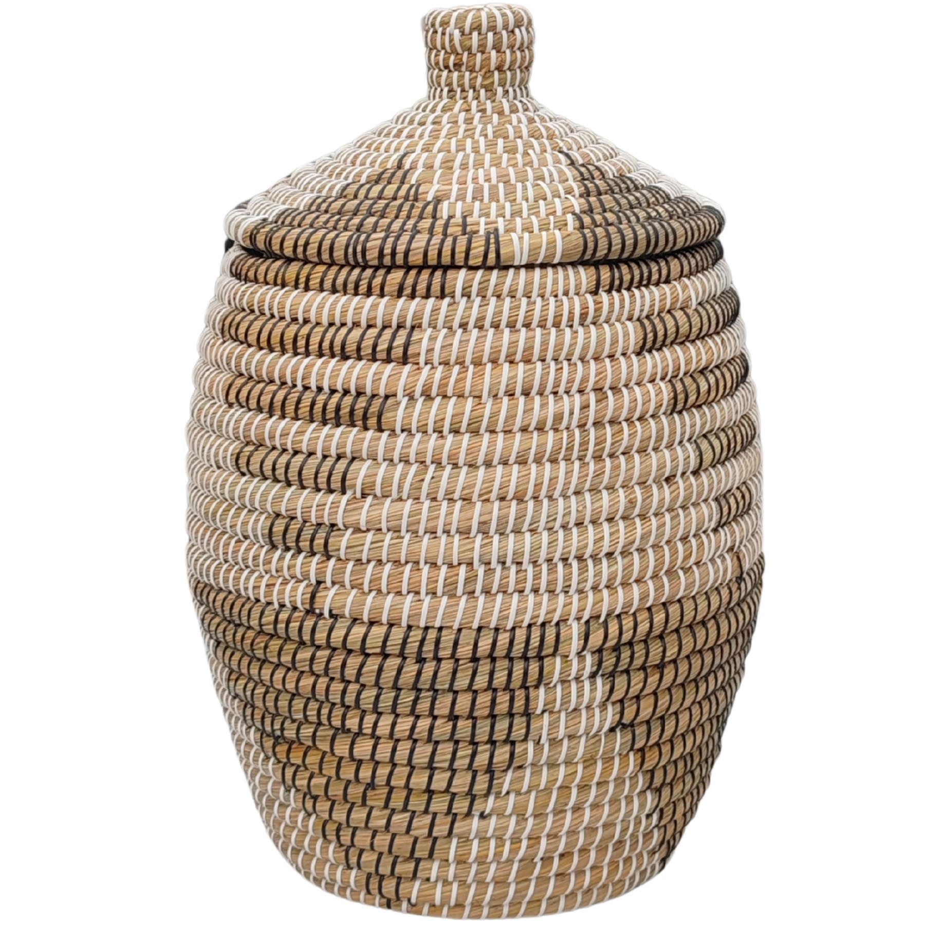 Casa Moro Wäschekorb mit Deckel aus Seegras, bauchig, 30 L (1 St., Größe S, Ø 36 x H 52 cm), Kegelförmiger Abschluss mit Knauf, Schwarz-Weiß-Muster