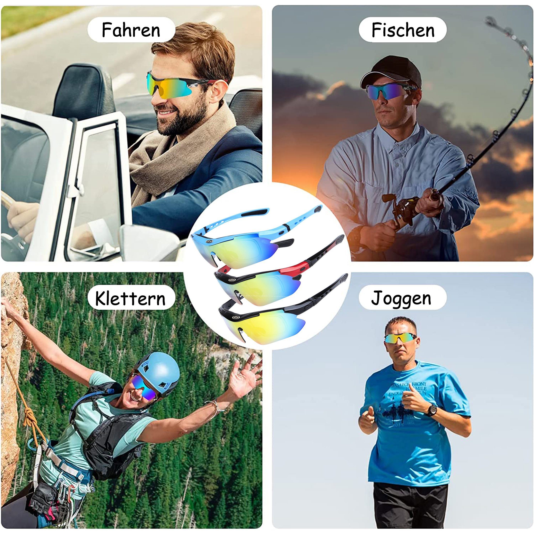 Sportbrille, Radsportbrille, LeiGo Fahrradbrille und 4 Radsportbrille, Männer Sonnenbrille, mit Frauen polarisierte Schwarz-glänzend UV-400-Schutz für Gläsern austauschbaren