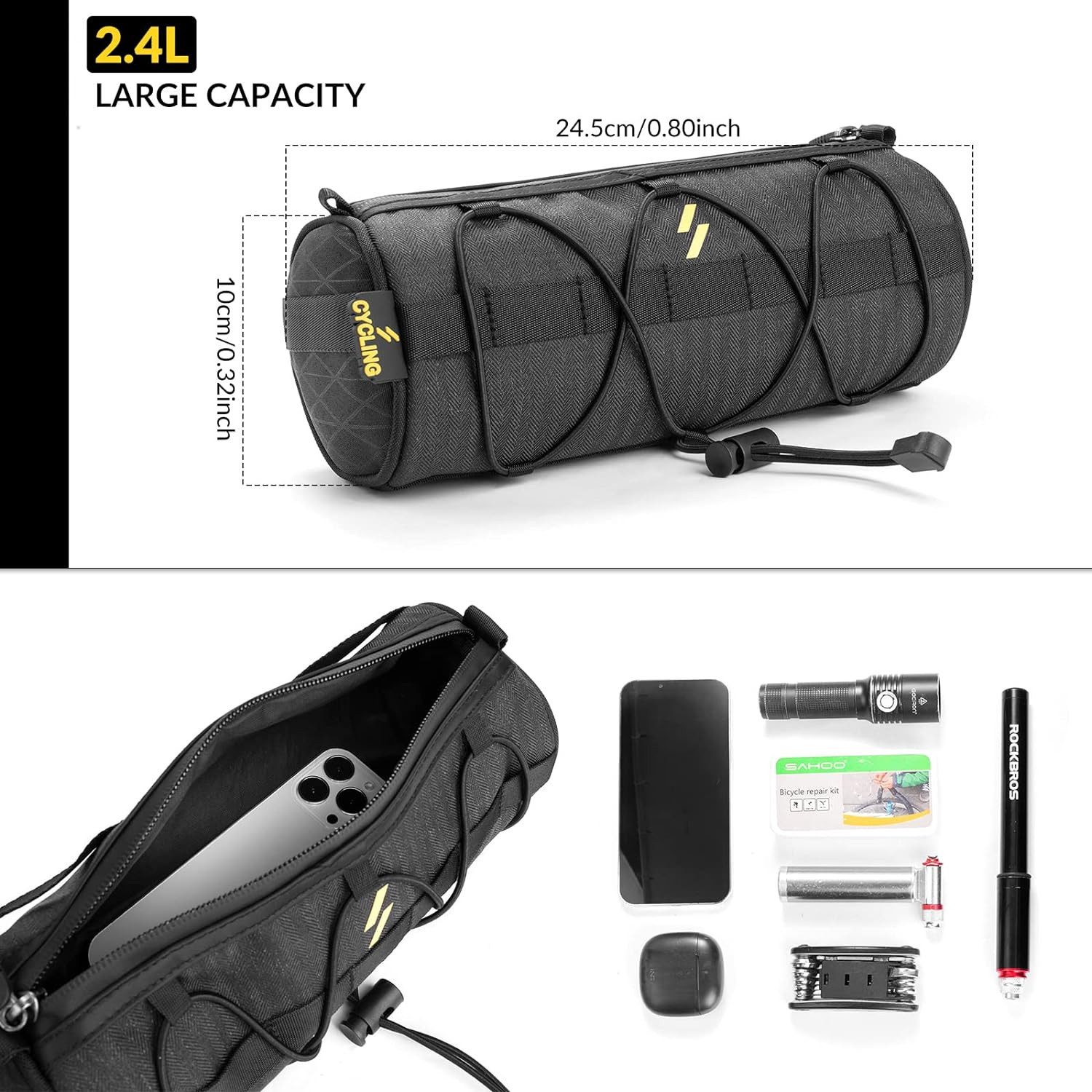 ROCKBROS Lenkertasche Multifunktionale Fahrradtasche Lenker Aufbewahrungstasche, mit Schultergurt für MTB, Rennrad Schwarz ca.2,4L