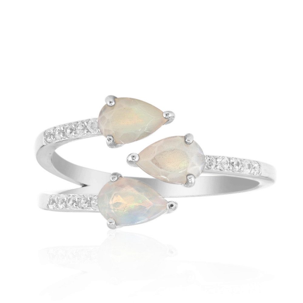 Silberring Welo-Opal Silberring Damen, 0,67 ct Tropfen-Opal, Zirkon, Platin 925er
