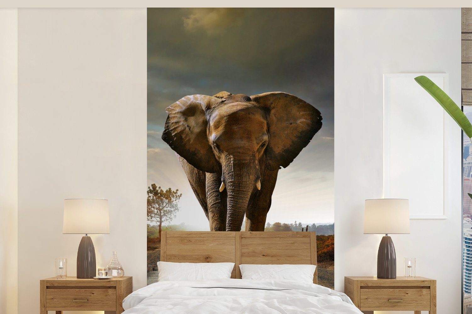 - (2 Elefant Schlafzimmer MuchoWow bedruckt, - Sonnenuntergang Fototapete für Landschaft, Vliestapete St), Küche, - Wohnzimmer Fototapete Straße - Tiere Matt,