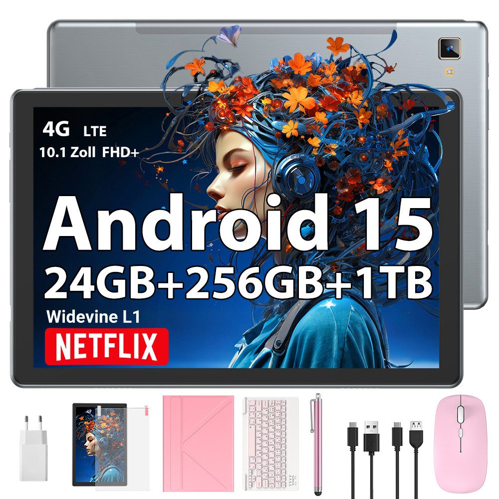 XGODY P60 Pro VIP (2SIM-4GLTE) mit Tastatur, Ledertasche und Ladegerät Tablet (10.1", 256 GB, Android 15, 2G (GSM), 3G (WCDMA), 4G (LTE), WLAN, SIM-Kartenslot, Gesichtserkennung, Ledertasche für Tastatur)