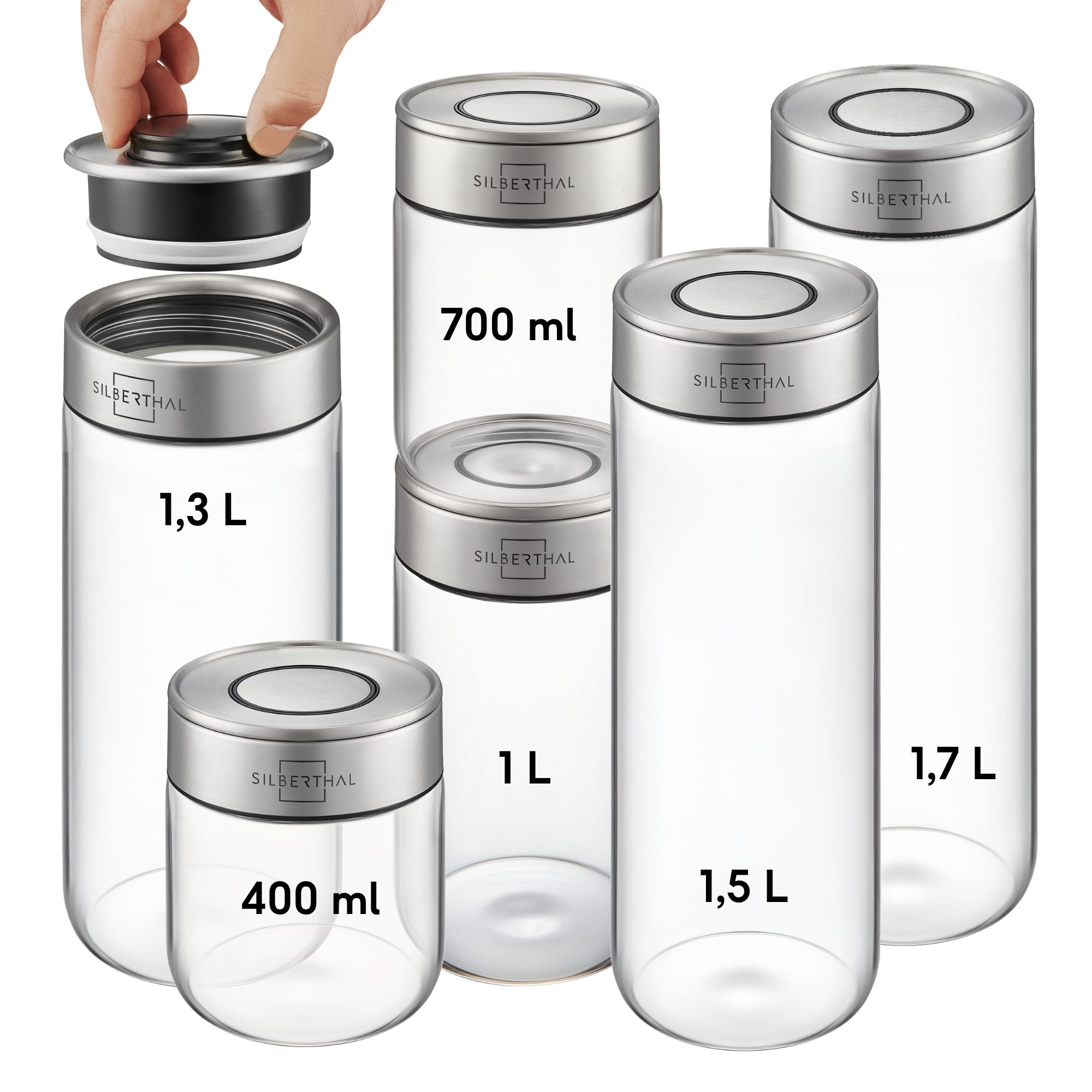 SILBERTHAL Vorratsglas 6er Set, Vorratsdosen mit Klickdeckel, Glas, Edelstahl, (6er Set Mix, 6-tlg), Luftdicht & Mottensicher