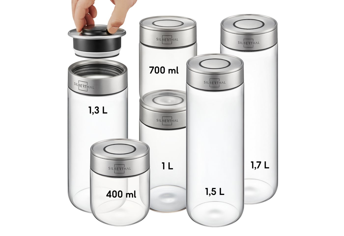 SILBERTHAL Vorratsglas 6er Set, Vorratsdosen mit Klickdeckel, Glas, Edelstahl, (6er Set Mix, 6-tlg), Luftdicht & Mottensicher