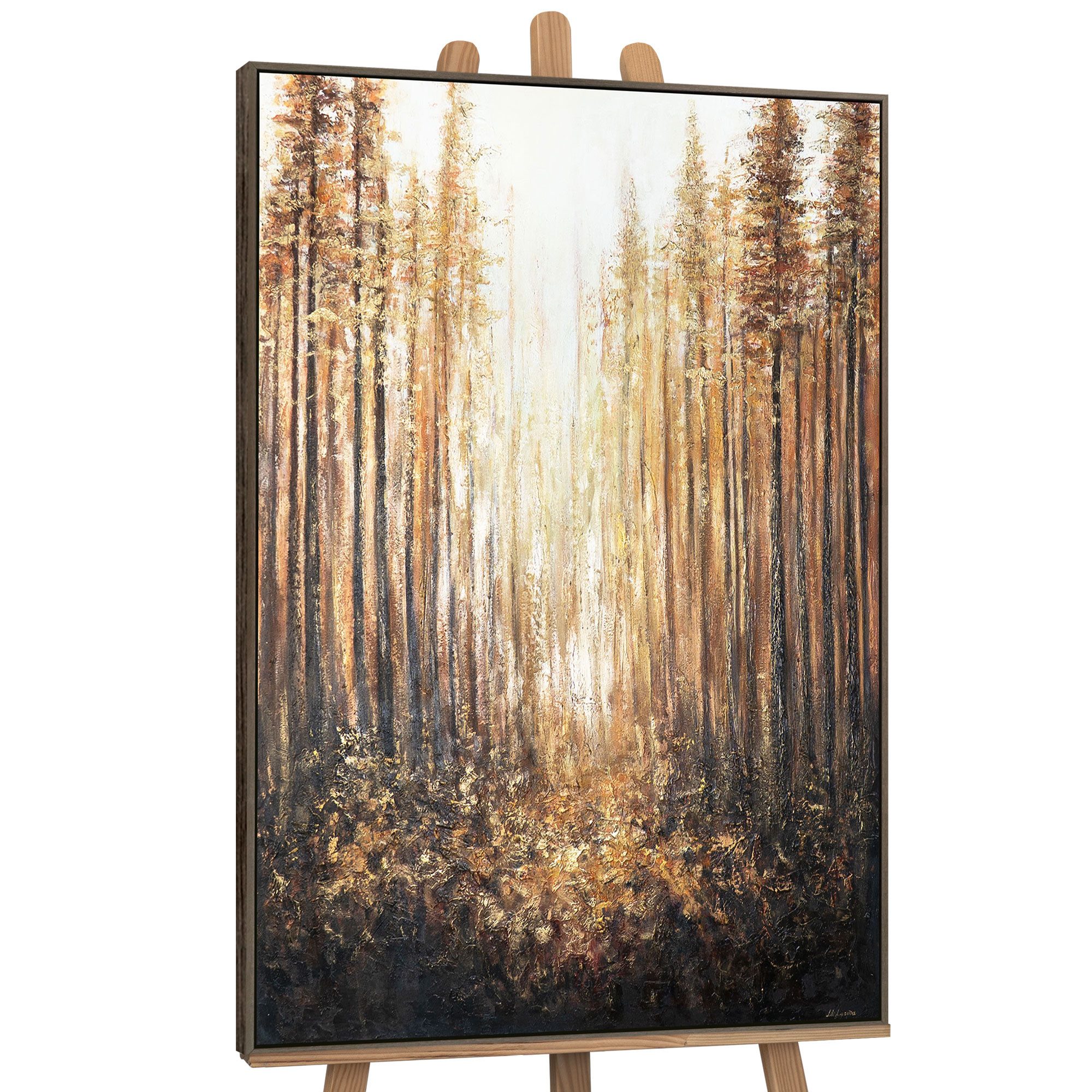 YS-Art Gemälde Schöner Wald, Waldglanz, Lied des Feuers, Stille, Schönheit, Herbst, Vertikales Leinwandbild im Hochformat mit einem Schattenfugenrahmen