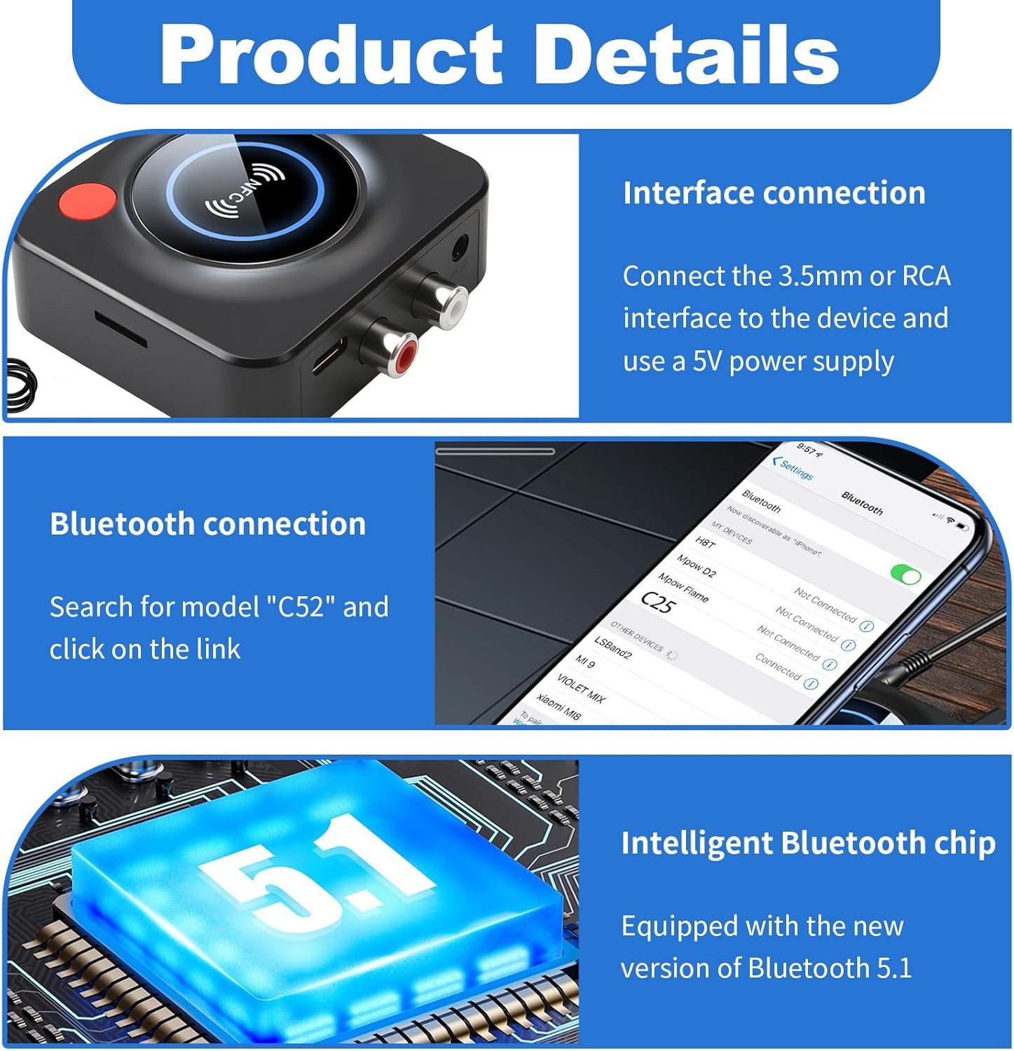FELIXLEO Bluetooth 5.1 Audio Empfänger HiFi NFC AUX Cinch TF Bluetooth-Adapter