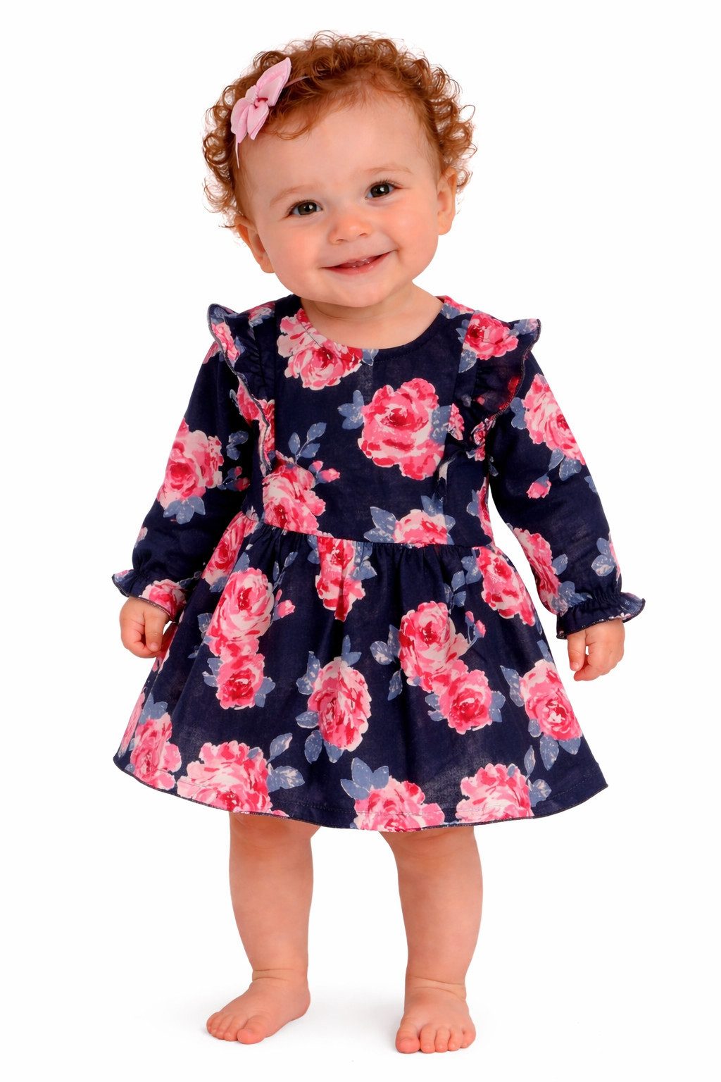 La Bortini Druckkleid Kleid Baby Kleidchen Babykleid in Blau mit Blumen langarm aus reiner Baumwolle, gemustert, 50 56 62 68 74 80 86