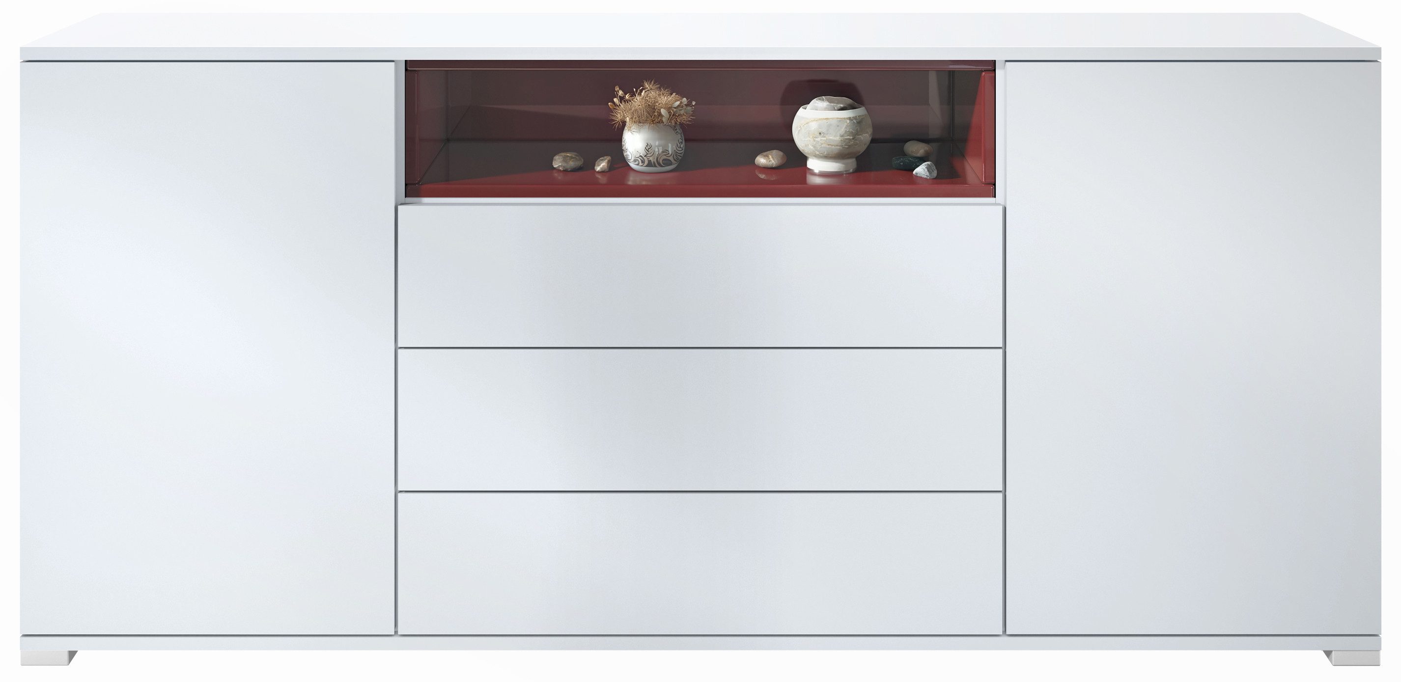Vladon Sideboard Skadu V4 (Kommode, mit 2 Türen, 3 Schubladen und 1 offenem Fach), Weiß matt/Bordeaux Hochglanz (166,5 x 75,5 x 35 cm)