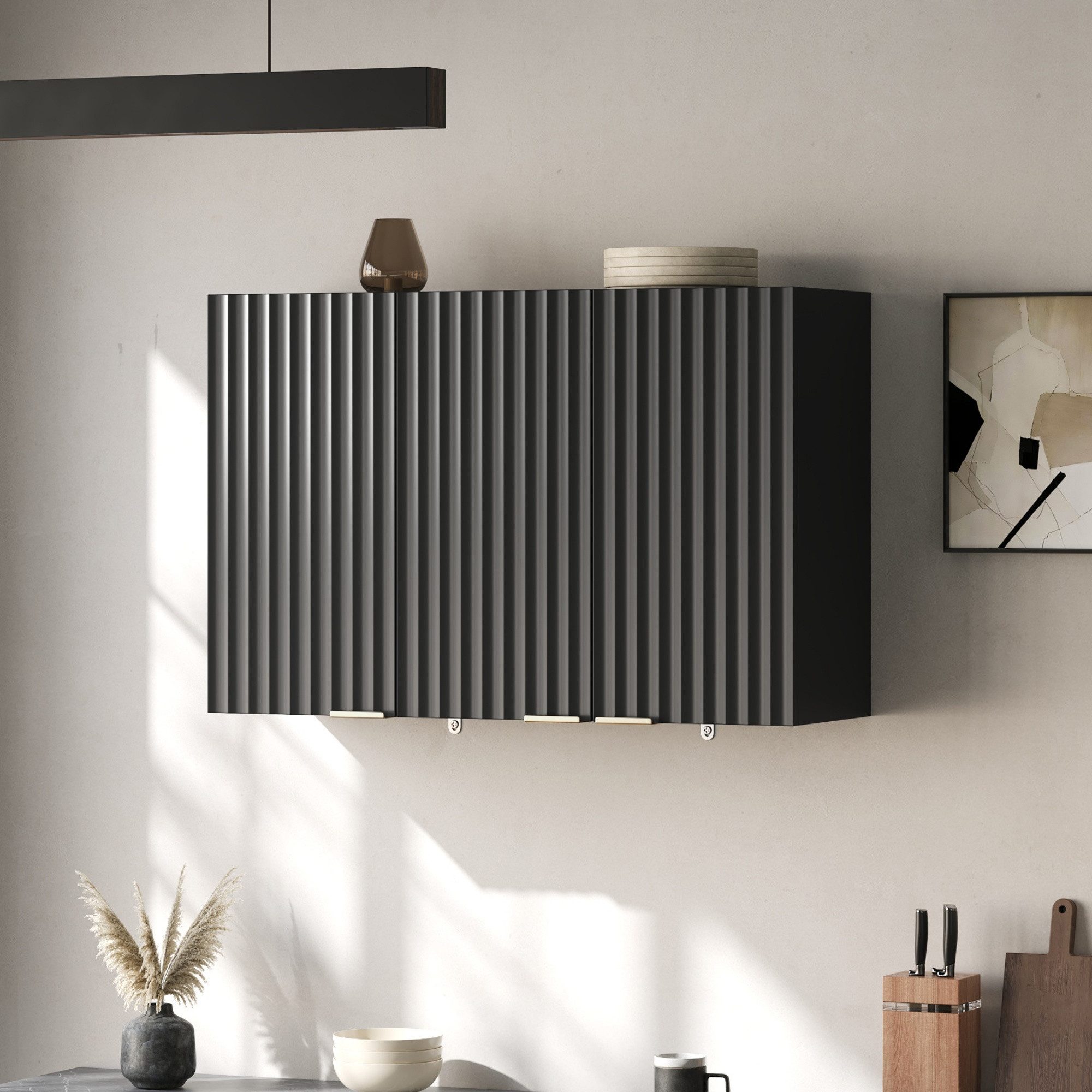 Flieks Hängeschrank Küchenschrank mit 3 Türen Wandschrank für Wohnzimmer, Badezimmer (B90×T29×T60 cm, 1-St) multifunktionaler Badkommode Wandmontage Mehrzweckschrank Schwarz