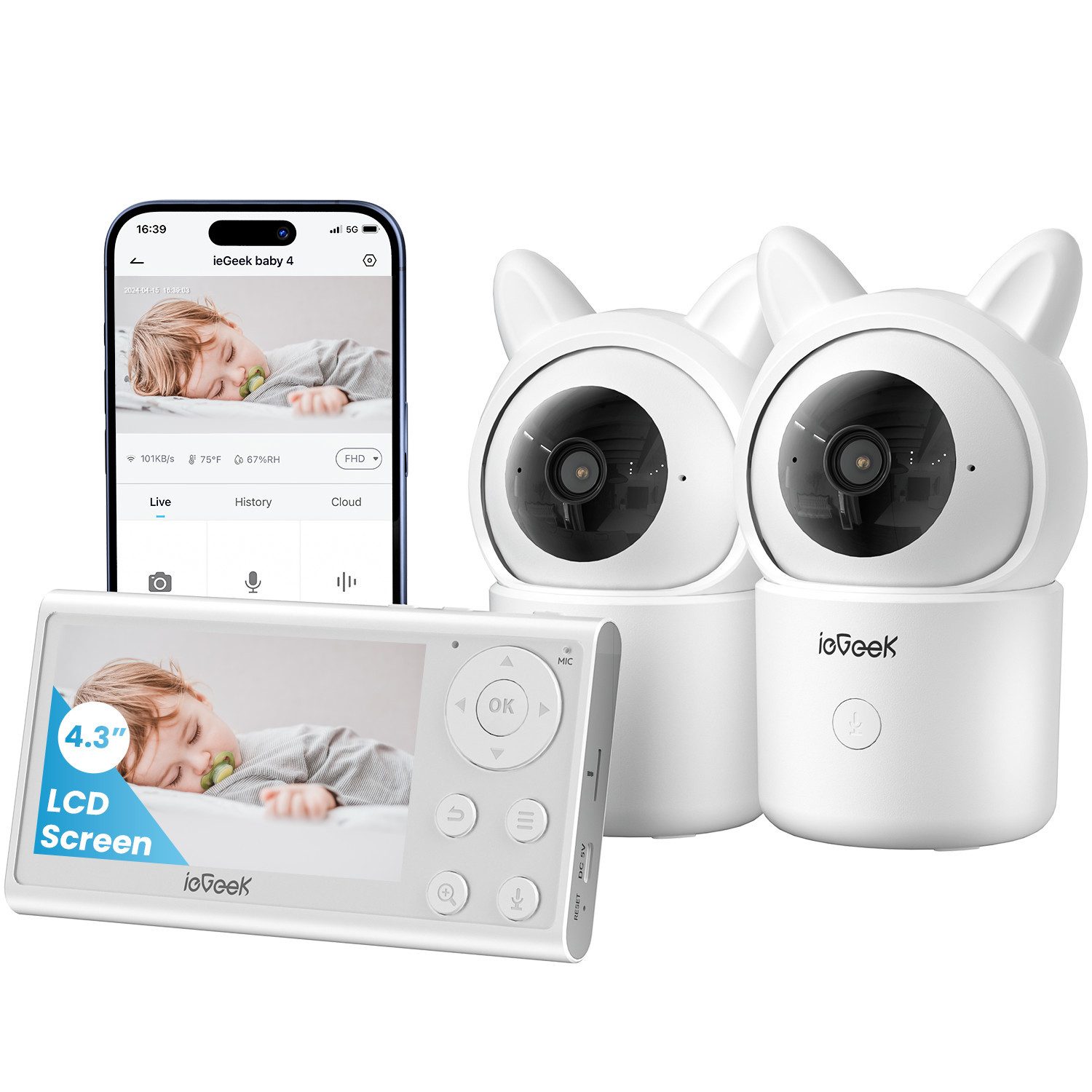 Video-Babyphone Babyphone mit 2 Kameras App 1080P/4,3 Zoll WLAN Video Babyfon PTZ 355°
